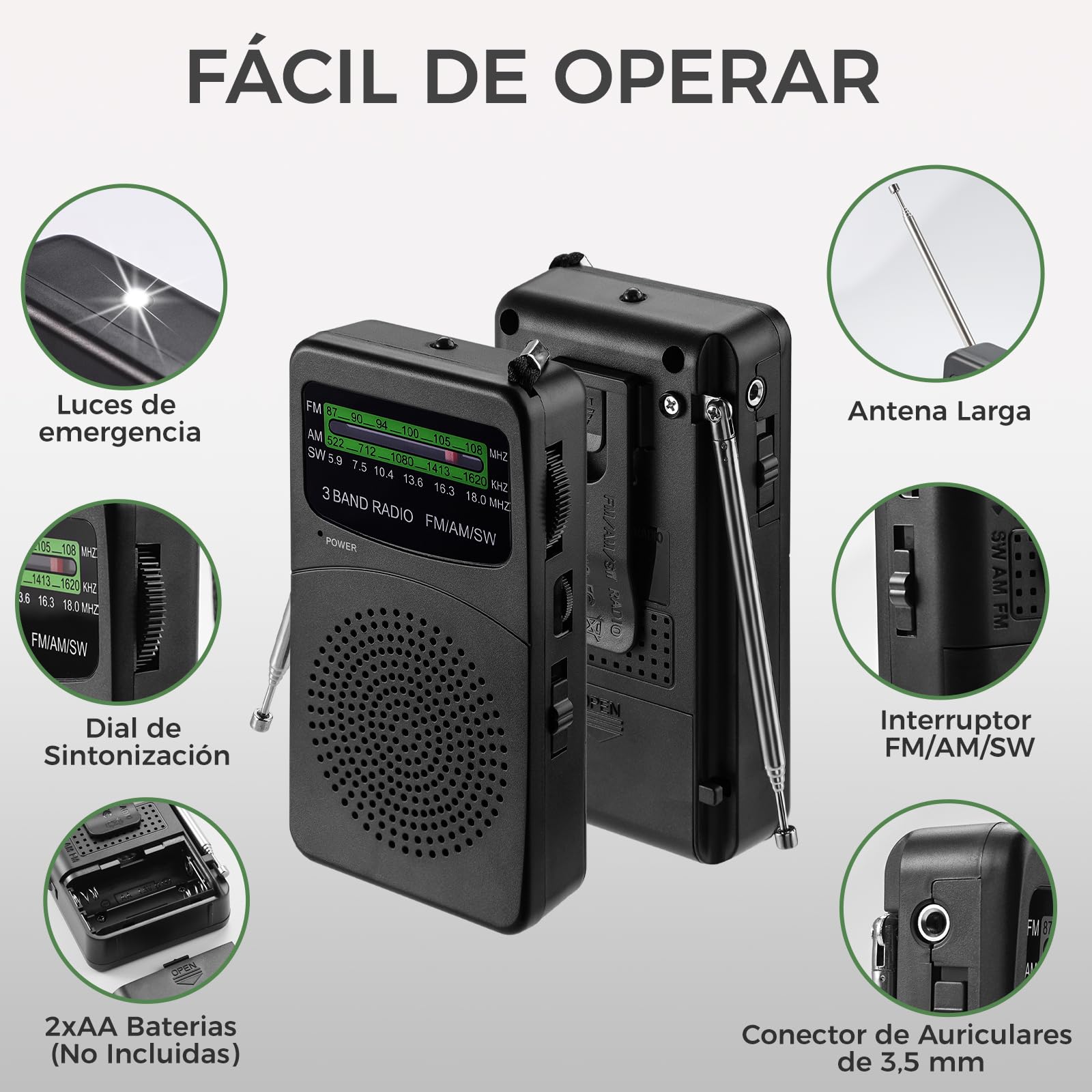 Joudix Radio a Pilas Portátil Pequeña FM/Am Transistor Kit de Emergencia Señal Súper Entrada Auriculares Linterna Escuche Noticias Entretenimiento Personas Mayores Apto para Cocinas Baños Viajes — view 2