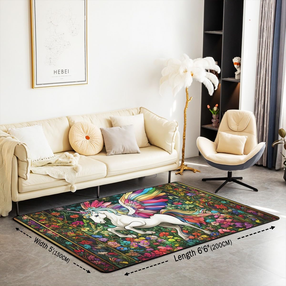 Cartoon Unicorn Wing Kids Area Rug,Daisy Flowers Leaves Rustic Mats Rugs for Boys Girls,Tale Castle Animal Boho Bath Carpets,Watercolor Retro Bath Rugs,Absorbent Floor Mats,5'x6'6''