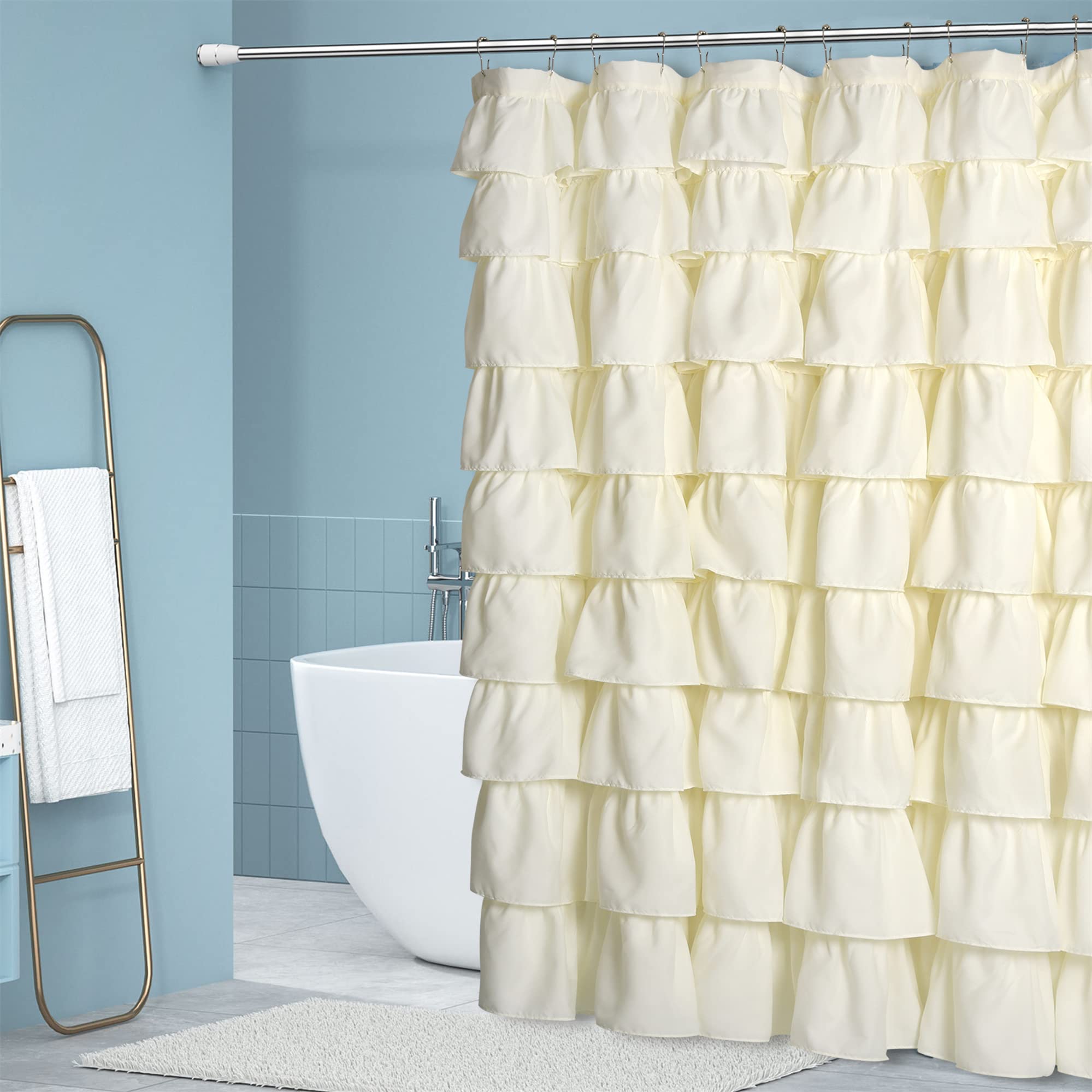 Moslovstar Ivory Ruffle Shower Curtain Graceful Farmhouse Style Cloth Fabric Bath Curtain with Buttonholes Vintage Bathroom Decor 72" x 72"