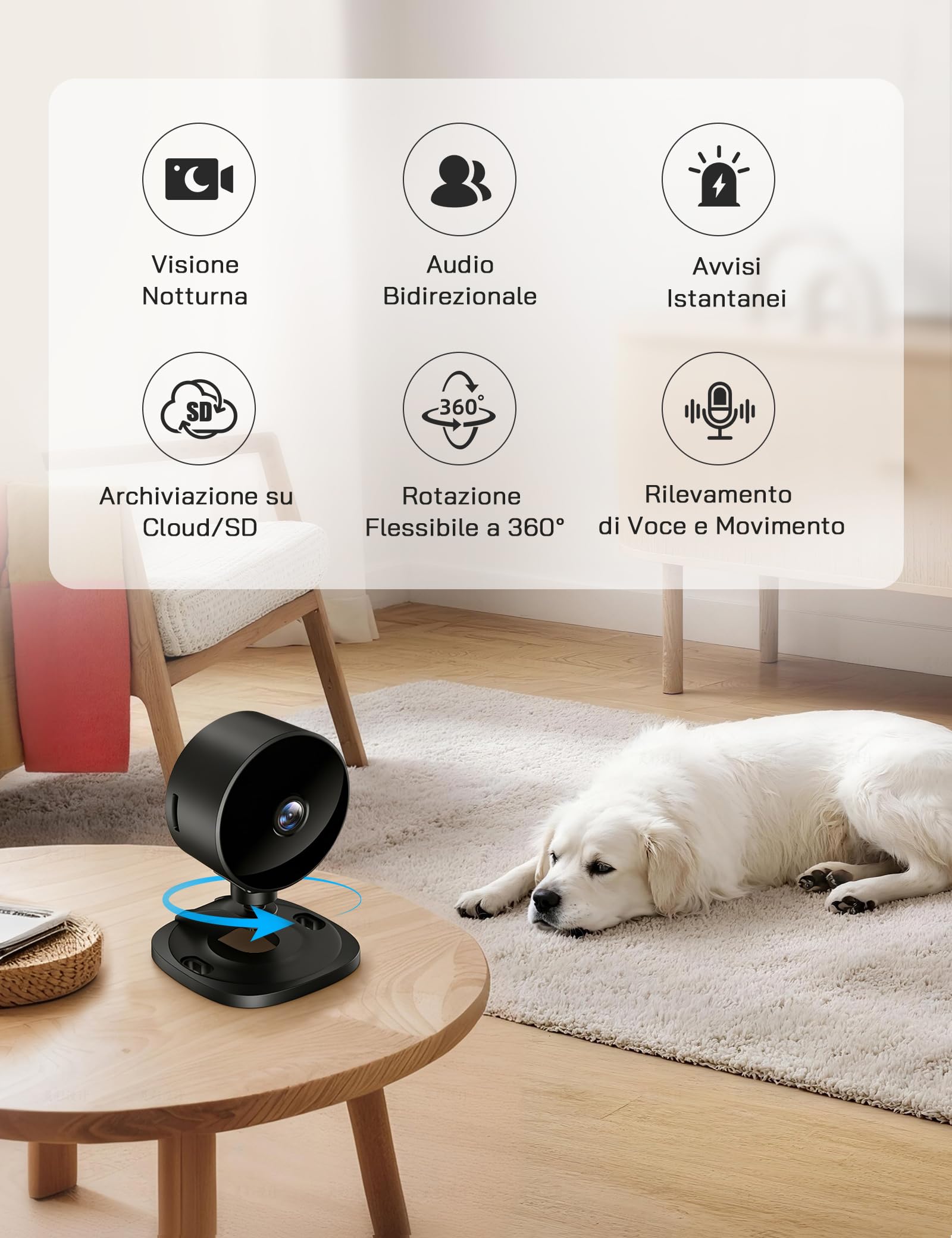 WOLFANG Telecamera WiFi Interno 1080P, Telecamera Sorveglianza Interno con Visione Notturna, Audio Bidirezionale, Compatibile con Alexa & Google Home, Nessun Abbonamento, Solo WiFi 2,4 GHz, 4 Pezzi