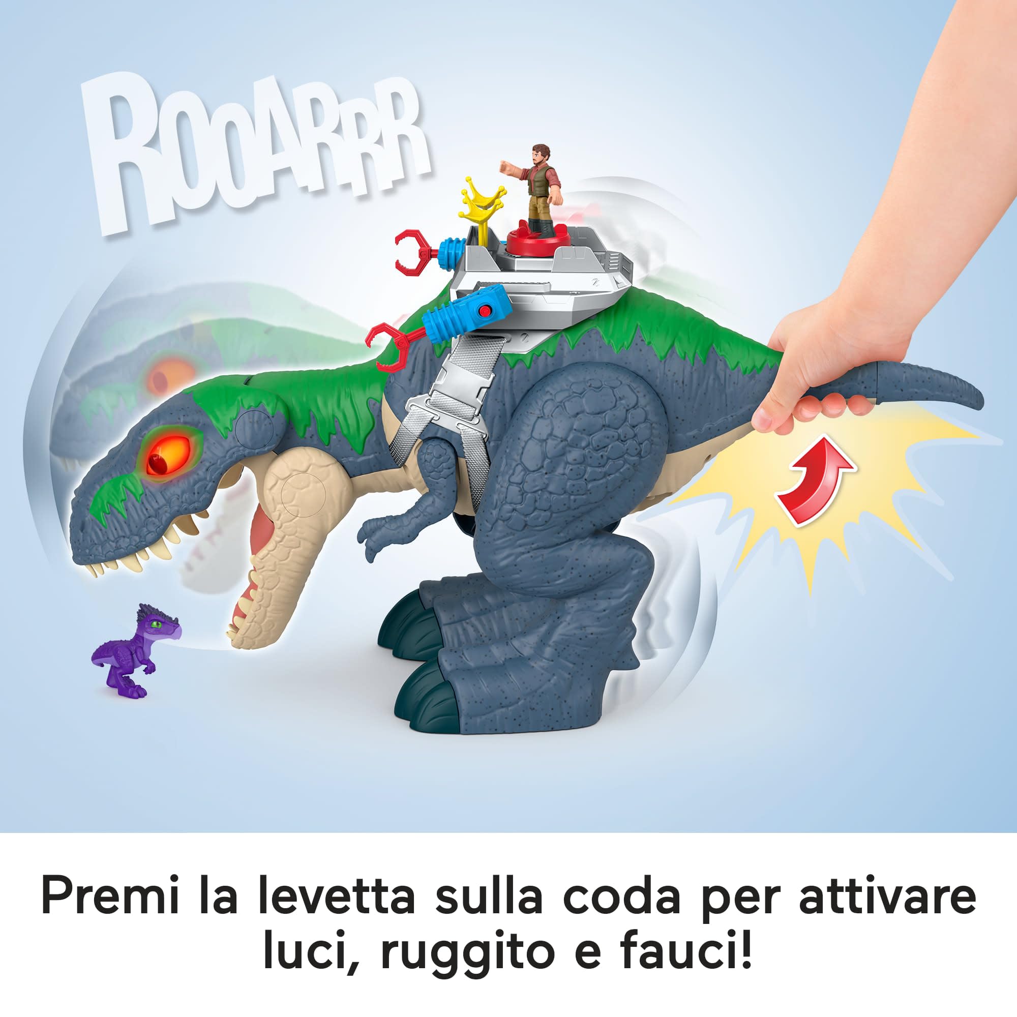 Imaginext Jurassic World La Rinascita - T-Rex Morso Devastante, set con dinosauro da 46 cm con luci, suoni e movimenti e 2 personaggi dal film inclusi, giocattolo per bambini, 3+ anni, JGR40
