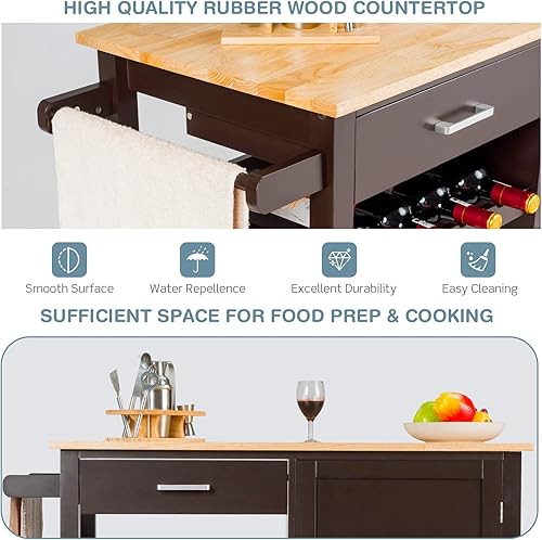 Miniatura 6 de Isla de cocina, carrito rodante de madera con cajones, estante para vino, gabinete de 1 puerta y asa de toalla, carritos de cocina con ruedas con