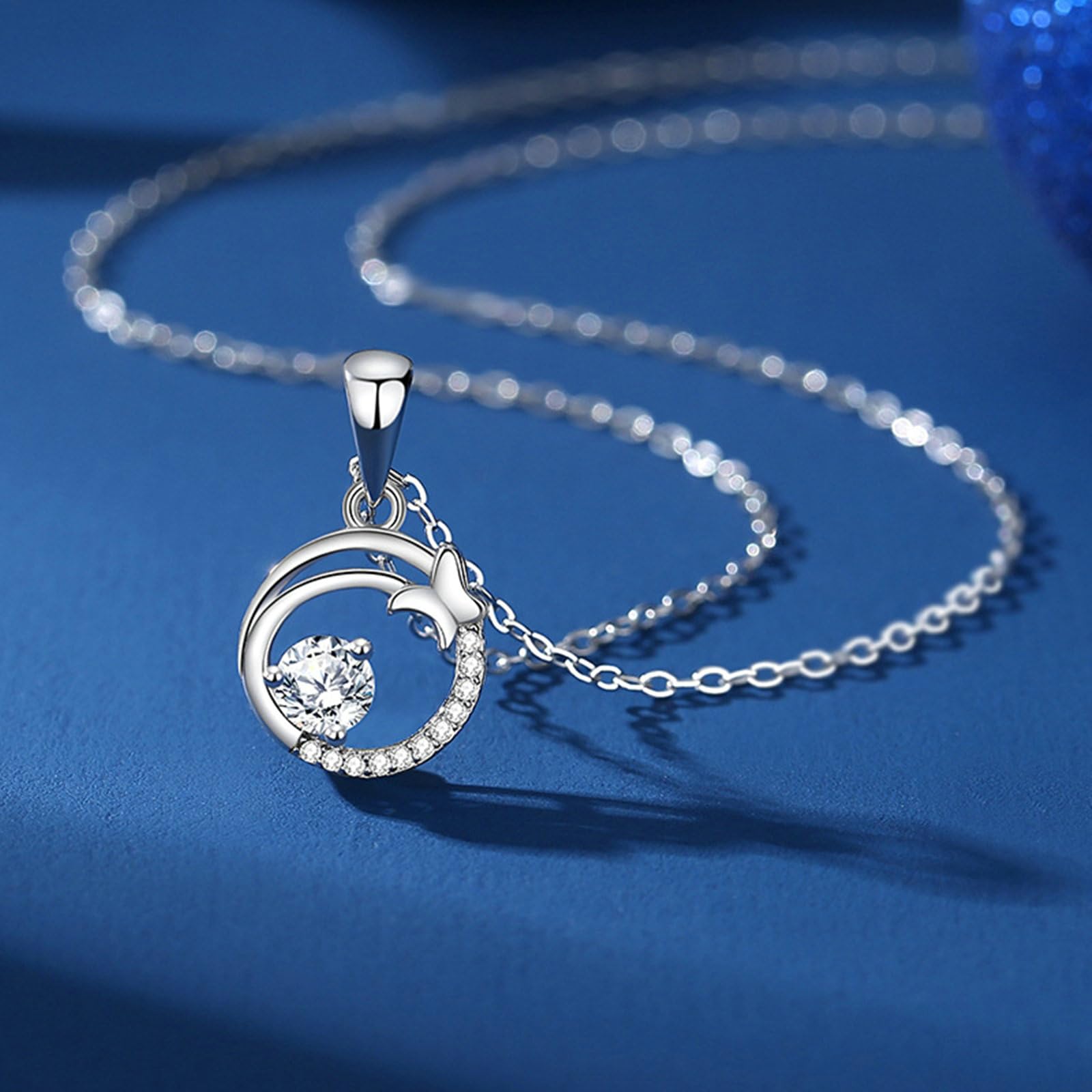 Ciondolo in Oro 9/14/18 Kt Donna, Cerchio Farfalla con Rotonda Moissanite Collana Oro 375/585/750, 40+5cm