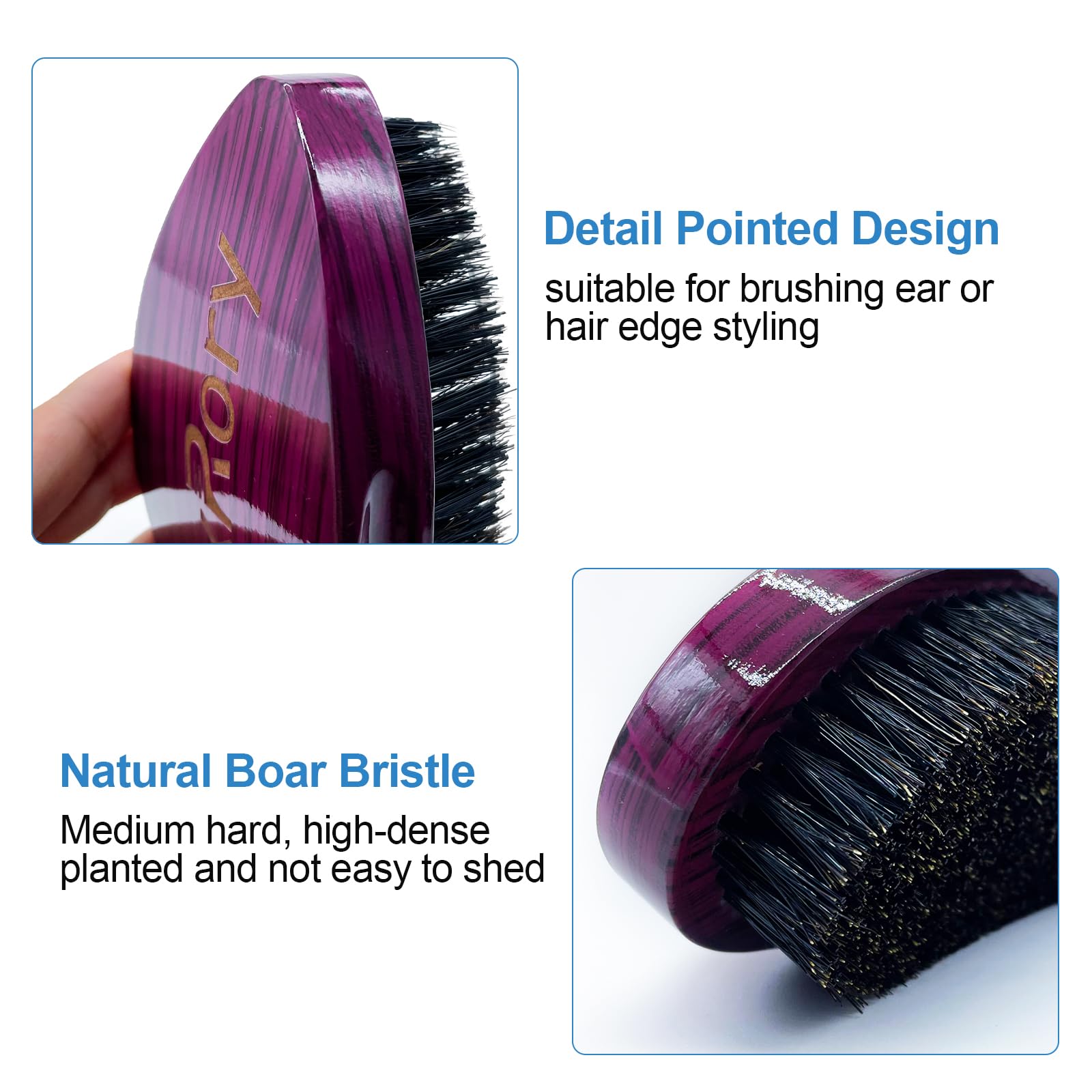 Cepillo ondulado de dureza media 360 – Cepillos ondulados curvados mejorados para hombres – Cerdas naturales de jabalí de firmeza media para el cabello cepillado de ondas rutinarias (rayas moradas)