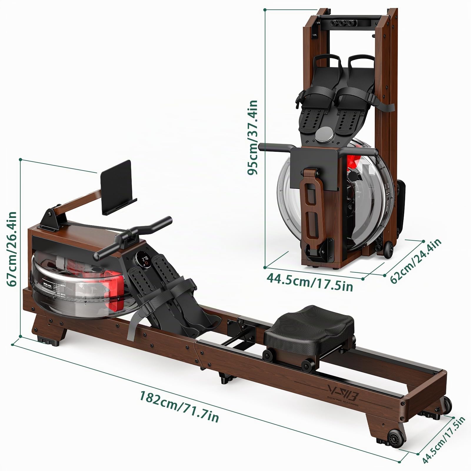 Vogatore Pieghevole per Casa - Costruzione in Legno di Alta Qualità, Rower ad Acqua Bluetooth, Facilmente Pieghevole, Altezza Utente Idonea da 1,2m~2m, Carico Massimo 175 kg, Garanzia di 2 Anni