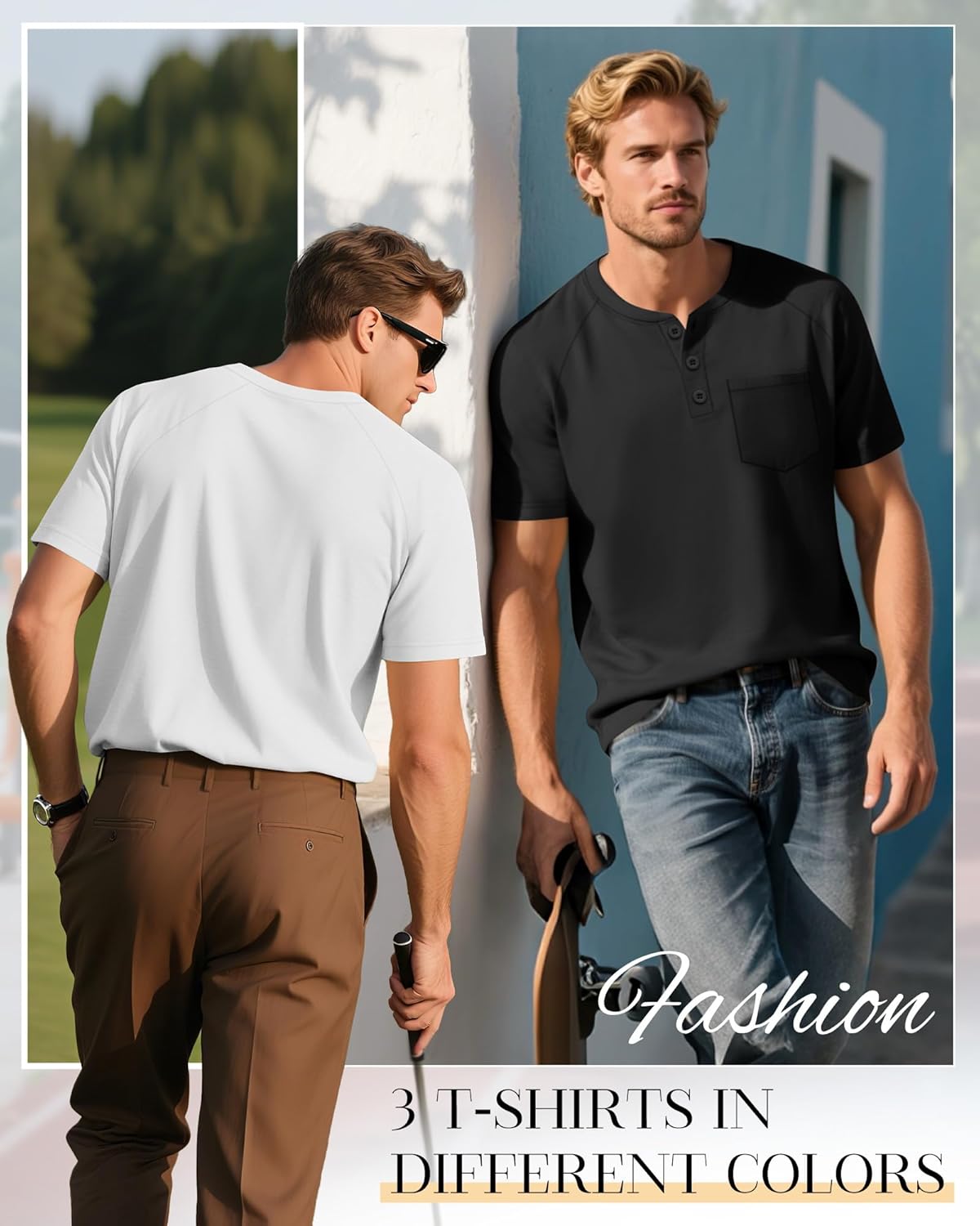 August Alley 3 Pack Men's Big and Tall Henley T-Shirts, Short Sleeve Raglan Button Pullover Summer Basic Tee Tops with Pocket