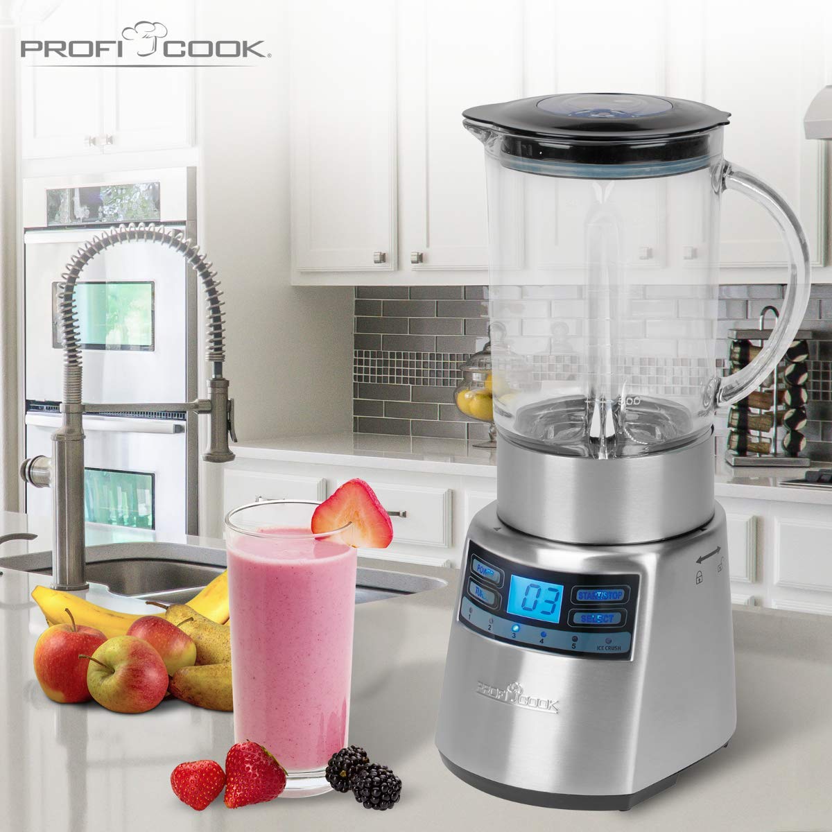 ProfiCook PC-UM 1006 Batidora de vaso, Jarra de cristal, 1.8 litros, Regulador velocidad electrónico, 1200 W, 1 Decibelios, Vidrio, Negro y gris