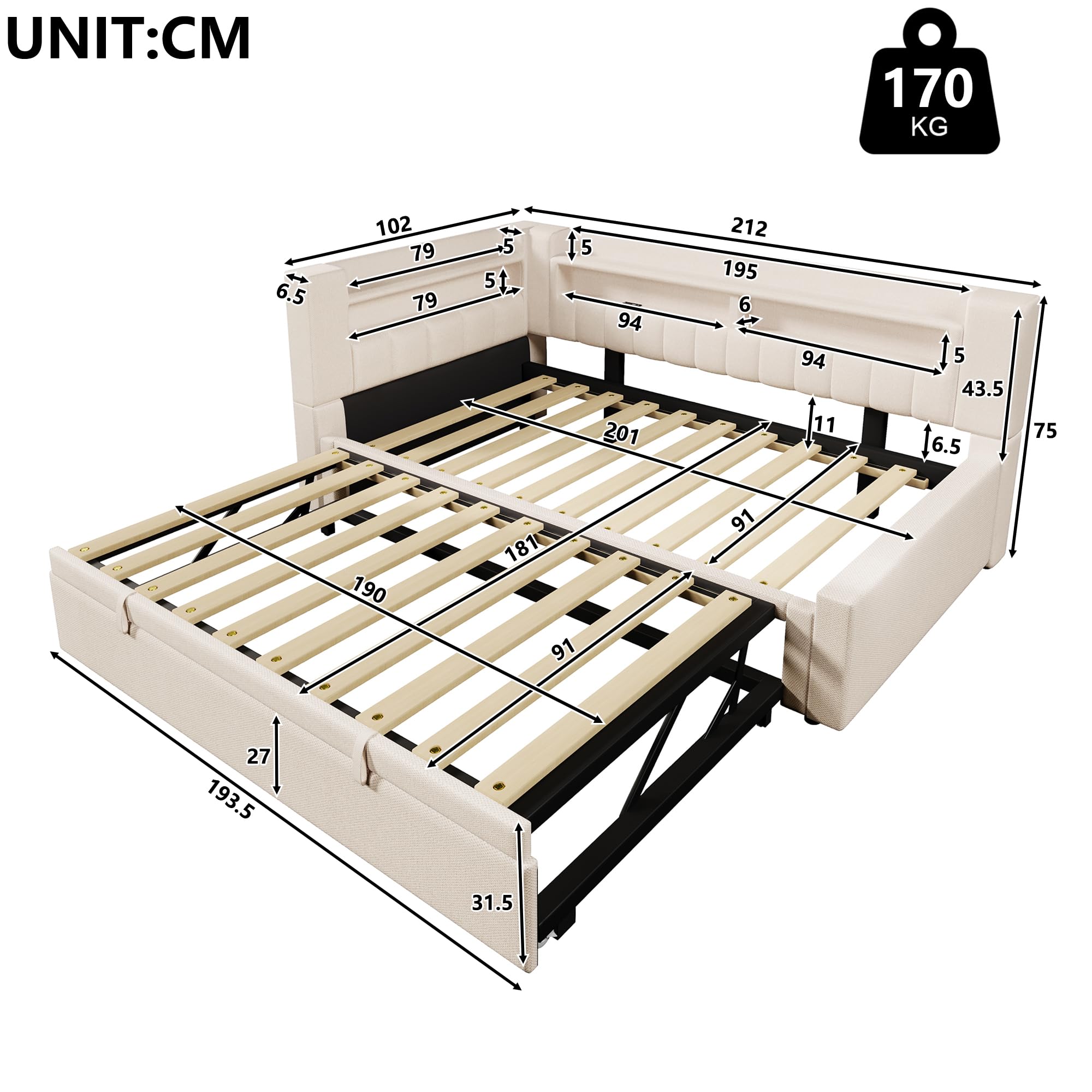 Polsterbett 90/180 x 200 mit LED und USB, Ausziehbares Schlafsofa, Daybett mit Ausziehbett, Sofabett Tagesbett Jugendbett Bettgestell, Leinen, Ohne Matratze, Beige