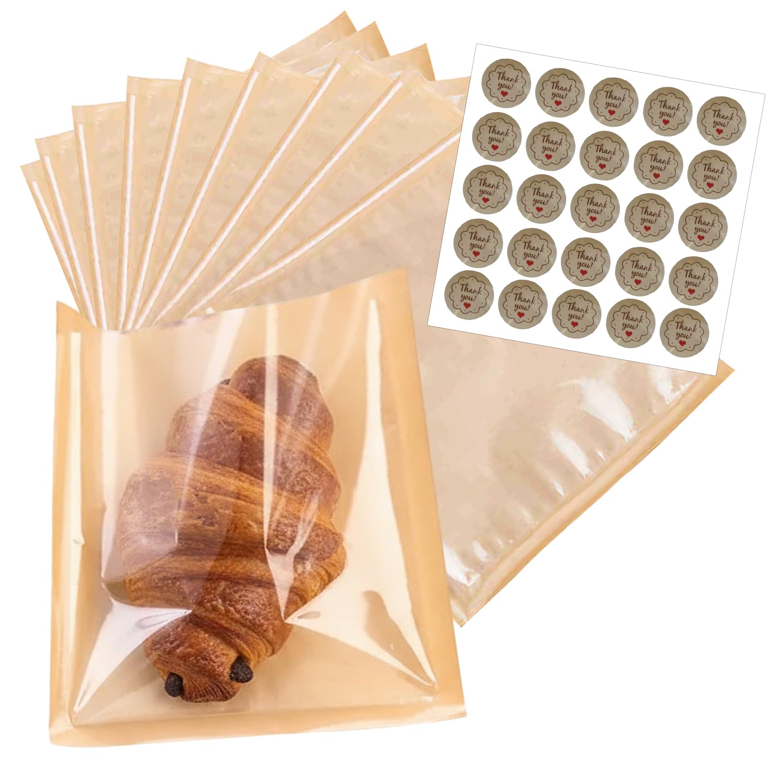 Qwrqwr Kraft Paper Sandwich Bags with Clear Cellophane Window and Sealing Stickers Food Packaging Bag for Homemade Bread Lunch Sweets Cookie Snacks Storage