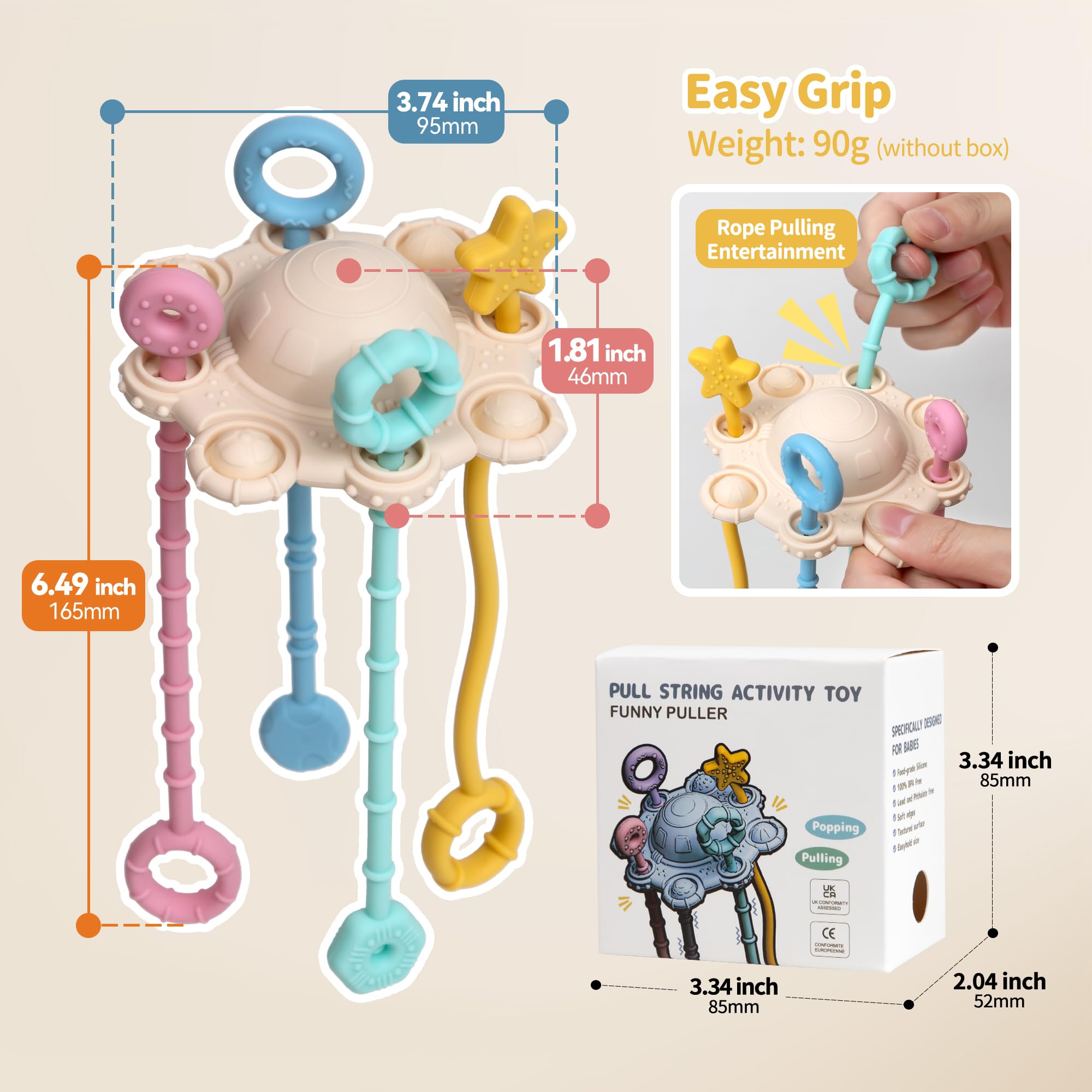 Montessori - Juguete de cuerda para bebés, juguete de desarrollo temprano de silicona de grado alimenticio, juguete de viaje para habilidades motoras finas, regalos sensoriales (color crema)