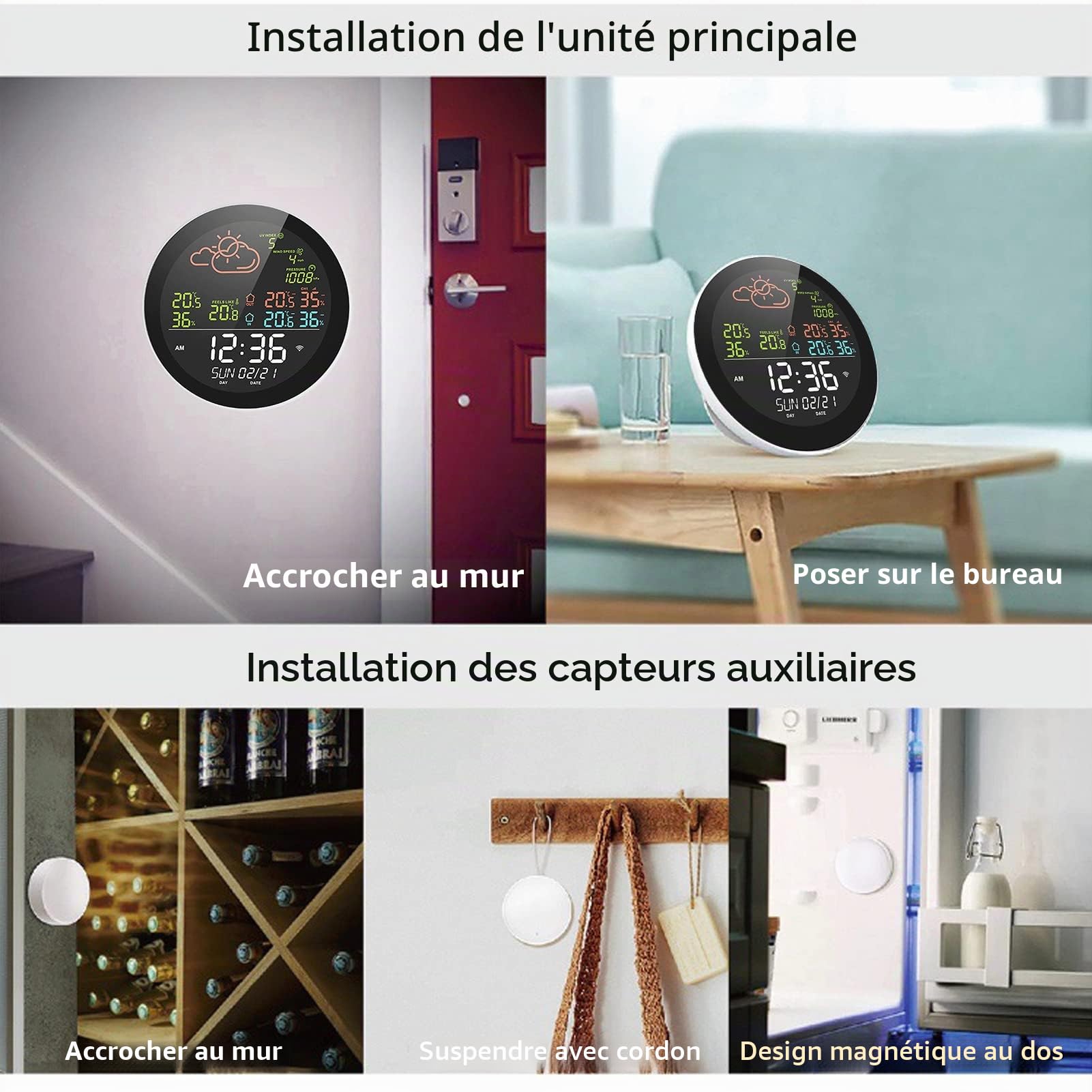 Station météo intelligente Wifi avec horloge - Moniteur de température intérieure et extérieure - Grand écran couleur multifonction - Temp et détecteur de flamme avec 1 capteur