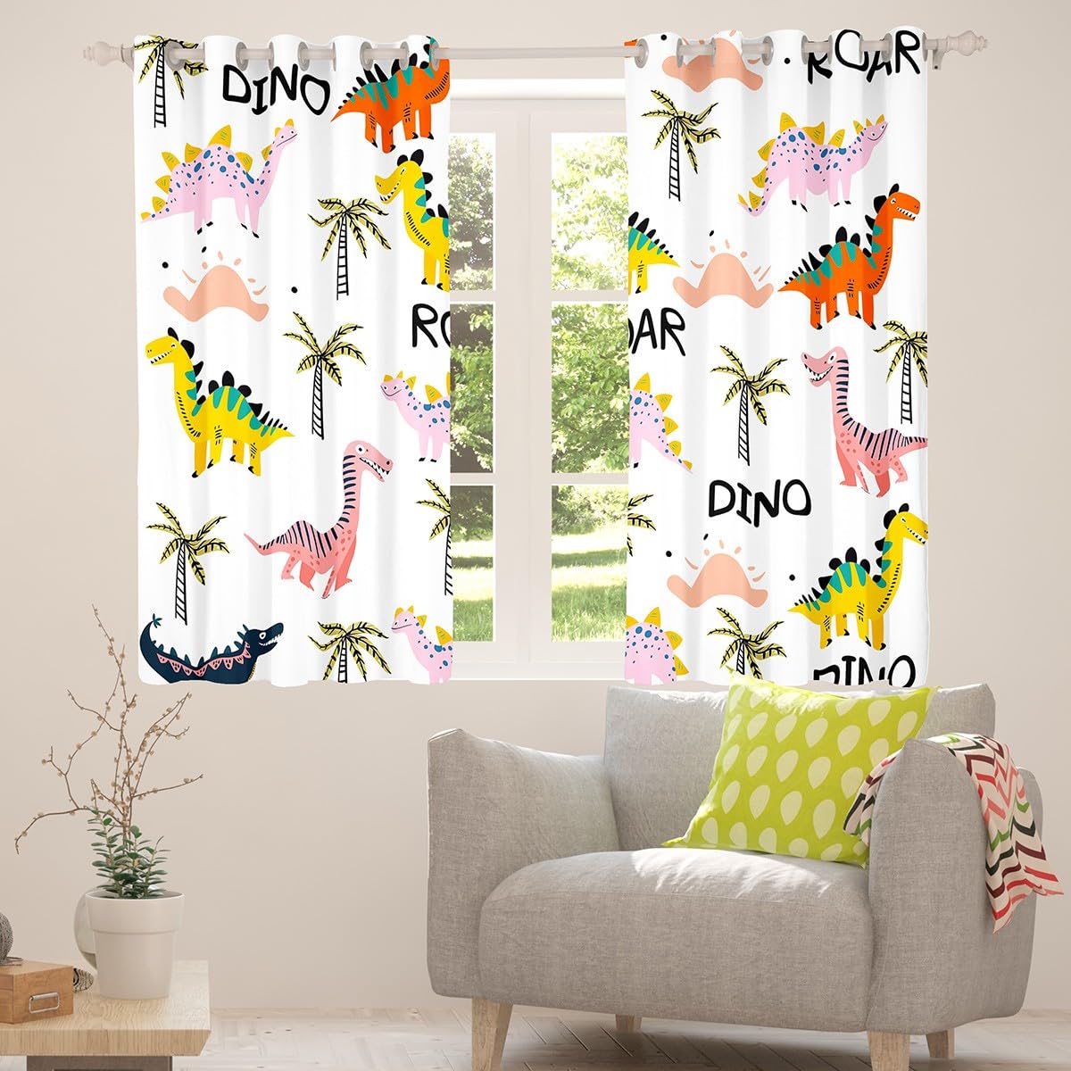 Homewish Rideau Occultant 117x183 cm Les Dinosaures,Rideau Animaux de Dessins Animés,Rideaux Voilage Plante de Palme Tropicale,Voilage Fenetre Enfant Garçons Filles Adultes Botanique pour Chambre