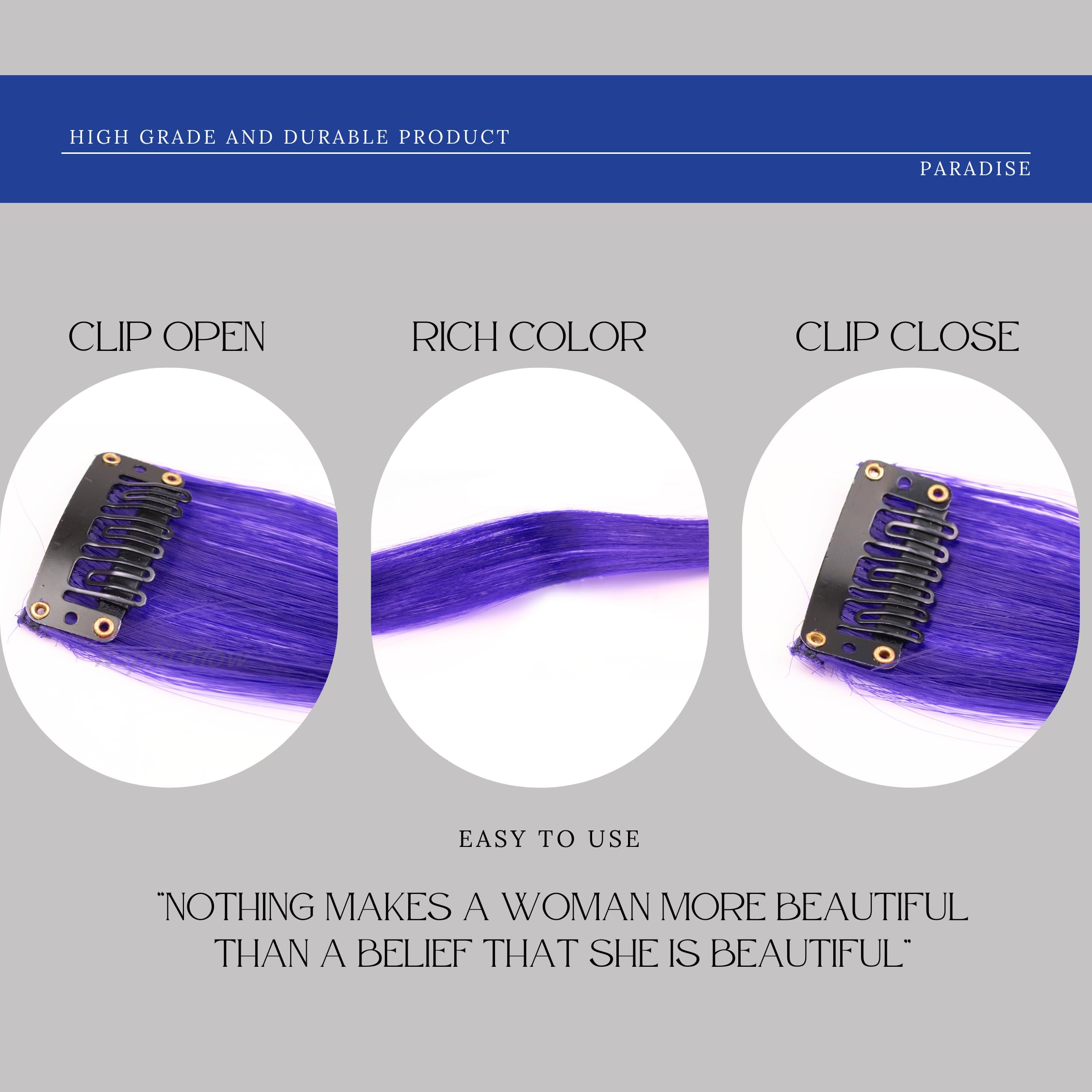 Paradise® Blue Hair Extensions 22 inches, Pack of 6 Clip-based Straight Colored Hair Streaks for Women & Girls, Party Funky Synthetic Hair Patches 2
