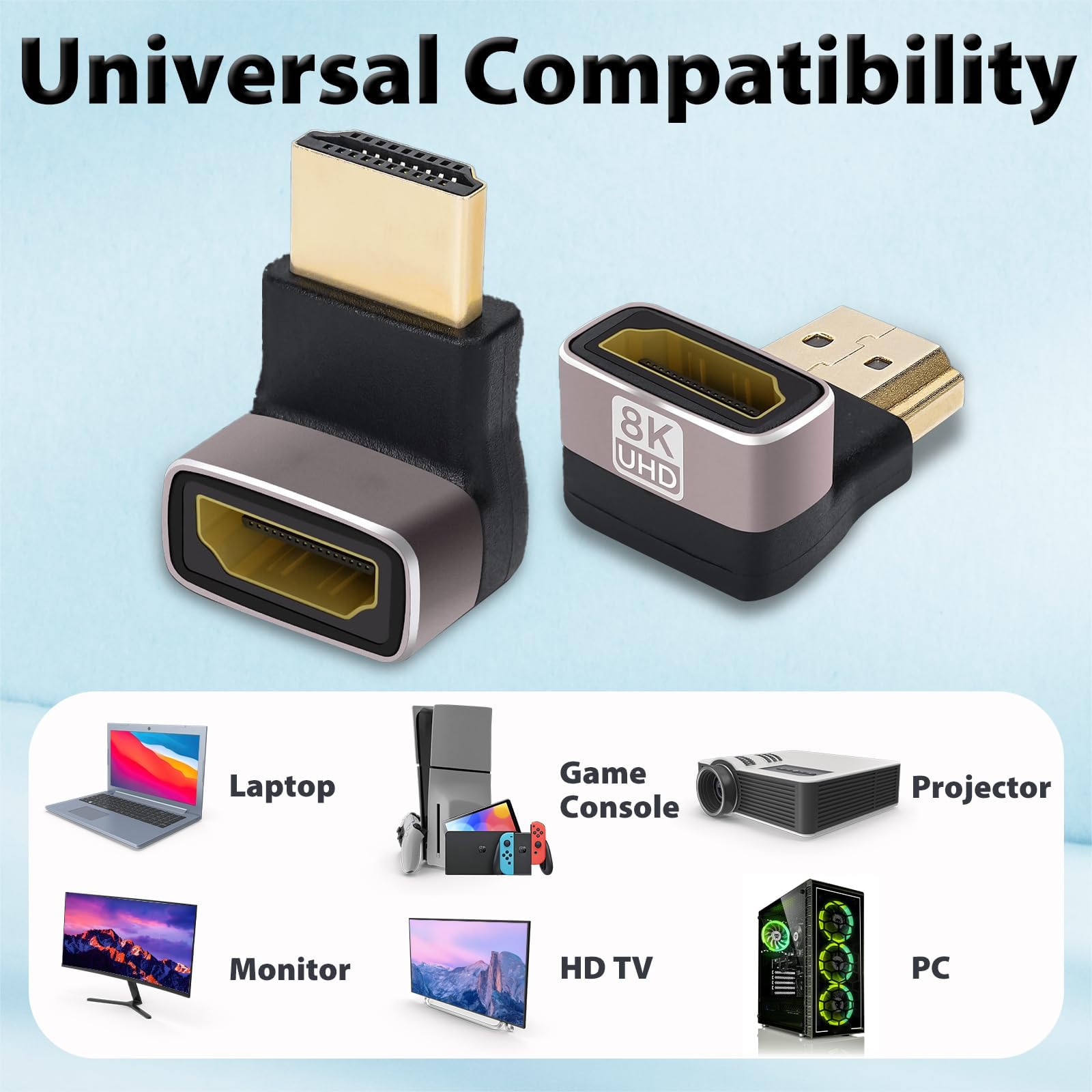 Cyberguys! Confezione da 2 adattatori HDMI 2.1 ad angolo retto 8K, 90° e 270°, prolunga HDMI da maschio a femmina, 4K a 120Hz 8K a 60Hz, placcato oro 24K, connettore a gomito HDMI salvaspazio per TV