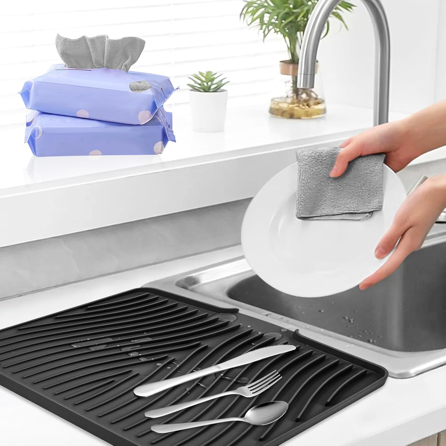 TIKNIK Silicone Dish Drying Mat, Stone Drying Mat for Kitchen Counter with Built-in Drain, Non-Slip 15.8" X 13" Drying Matt Kitchen Counter and Grey Microfiber Cleaning Cloth, Cleaning Rags Set(Black)