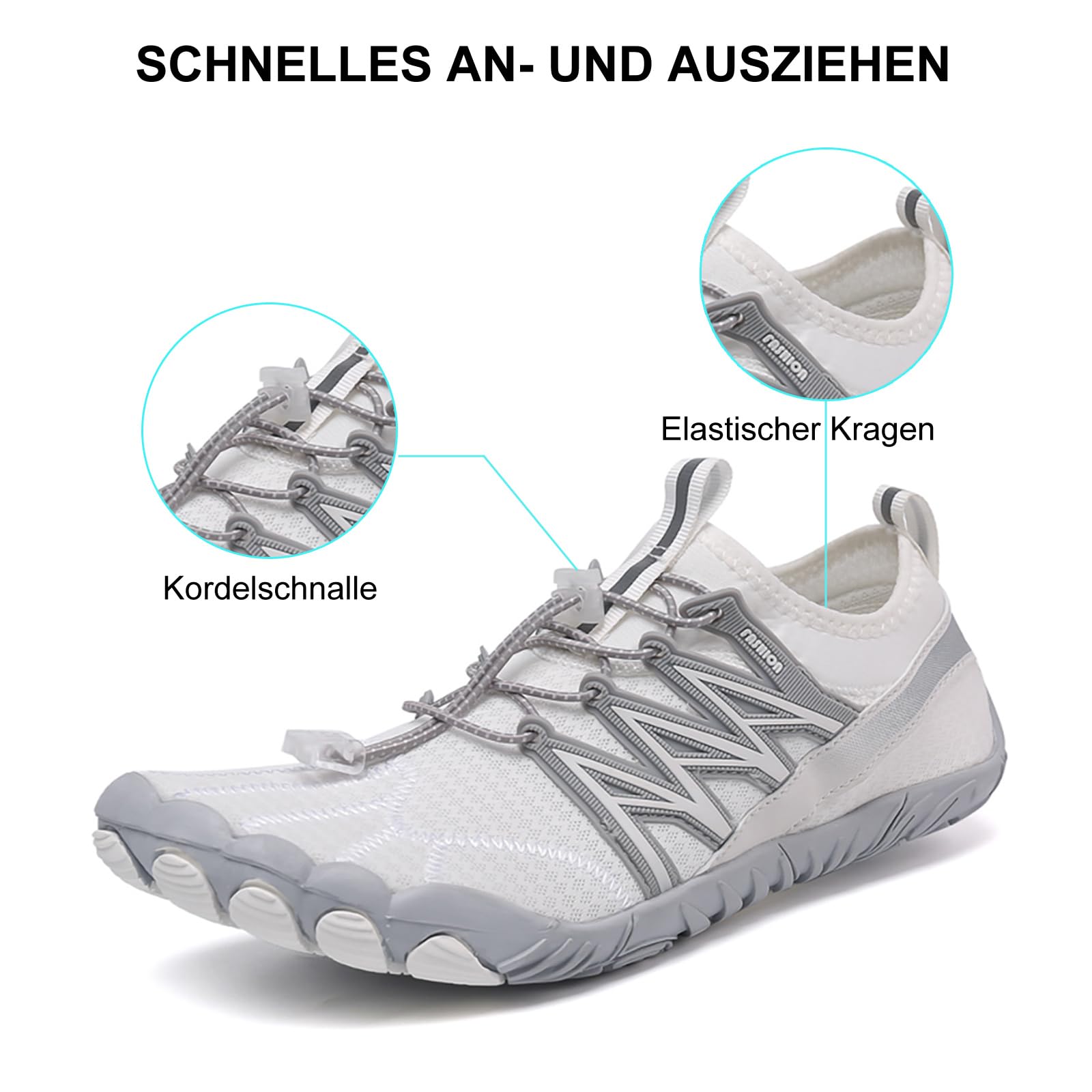 RUYI Unisex Barfußschuhe Damen Herren Traillaufschuhe, Weich Leicht Fitnessschuhe mit rutschfest Sohle & Breiter Zehenbox, Schnell Trocknend Badeschuhe, A021 Weiß, 41 EU