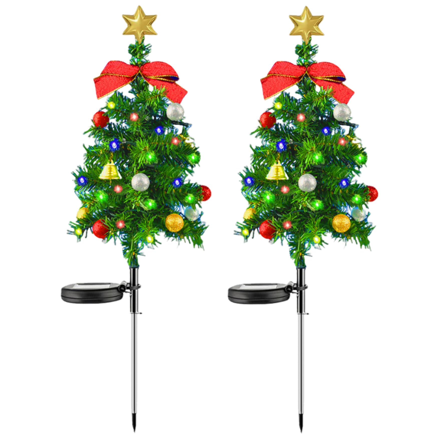 NIDONE Solar Christmas Tree 2PCS 17.7 Inch Solar Christmas Lights with LED for Outdoor Christmas Decorations Waterproof Xmas Tree Stake Lights with Red Big Bow and Ball