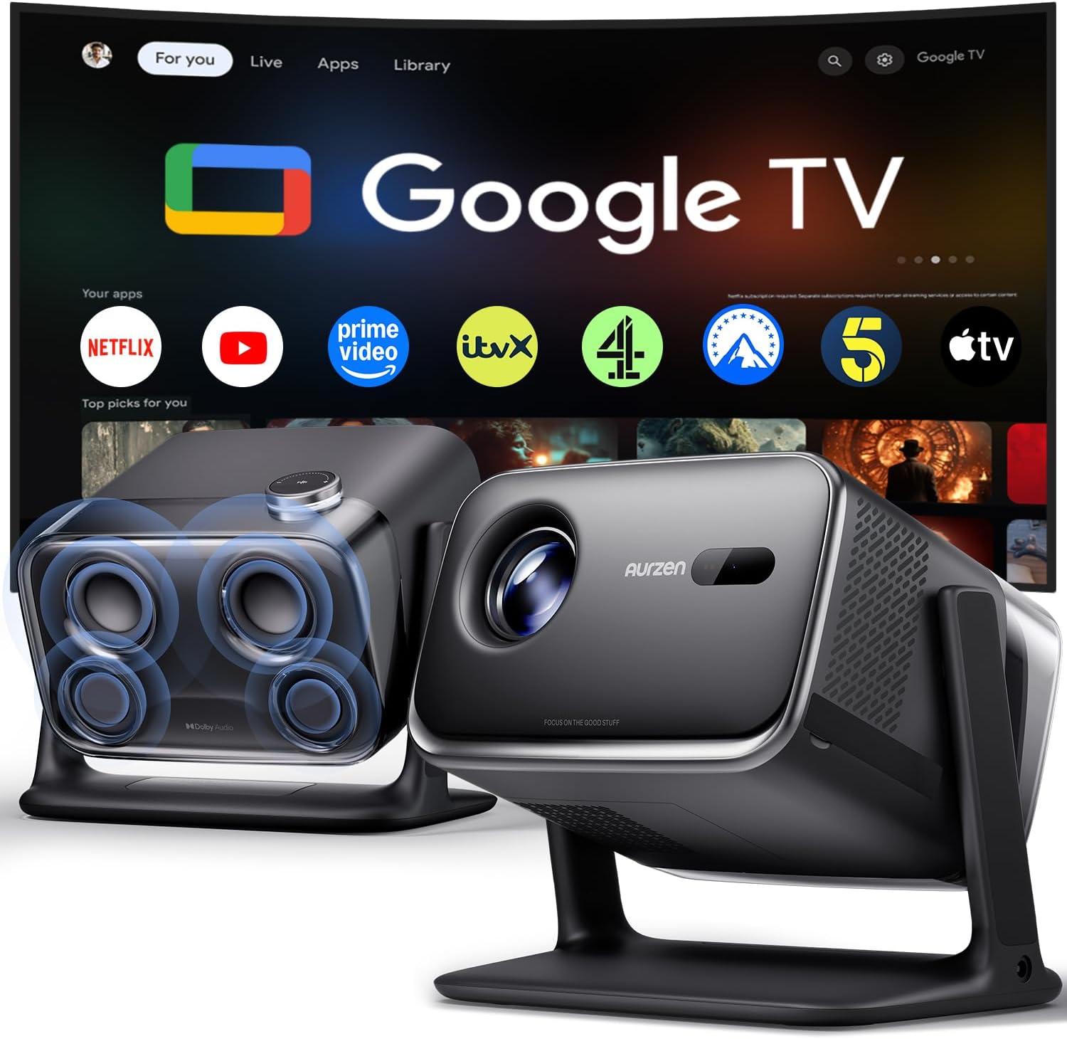 Aurzen BOOM mini Google TV Smart Projector with WiFi and Bluetooth, 4K Supported Outdoor & Home Movie Projector with 20W Speakers DoIby Audio, Real-Time Focus & Keystone, 500 ANSI Lumens, Black