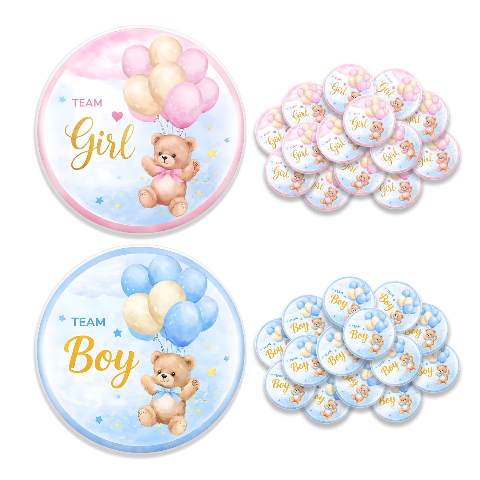 Gender Reveal Decoration Badge 50 Pièces Team Boy Team Girl Ourson Ballons Baby Shower