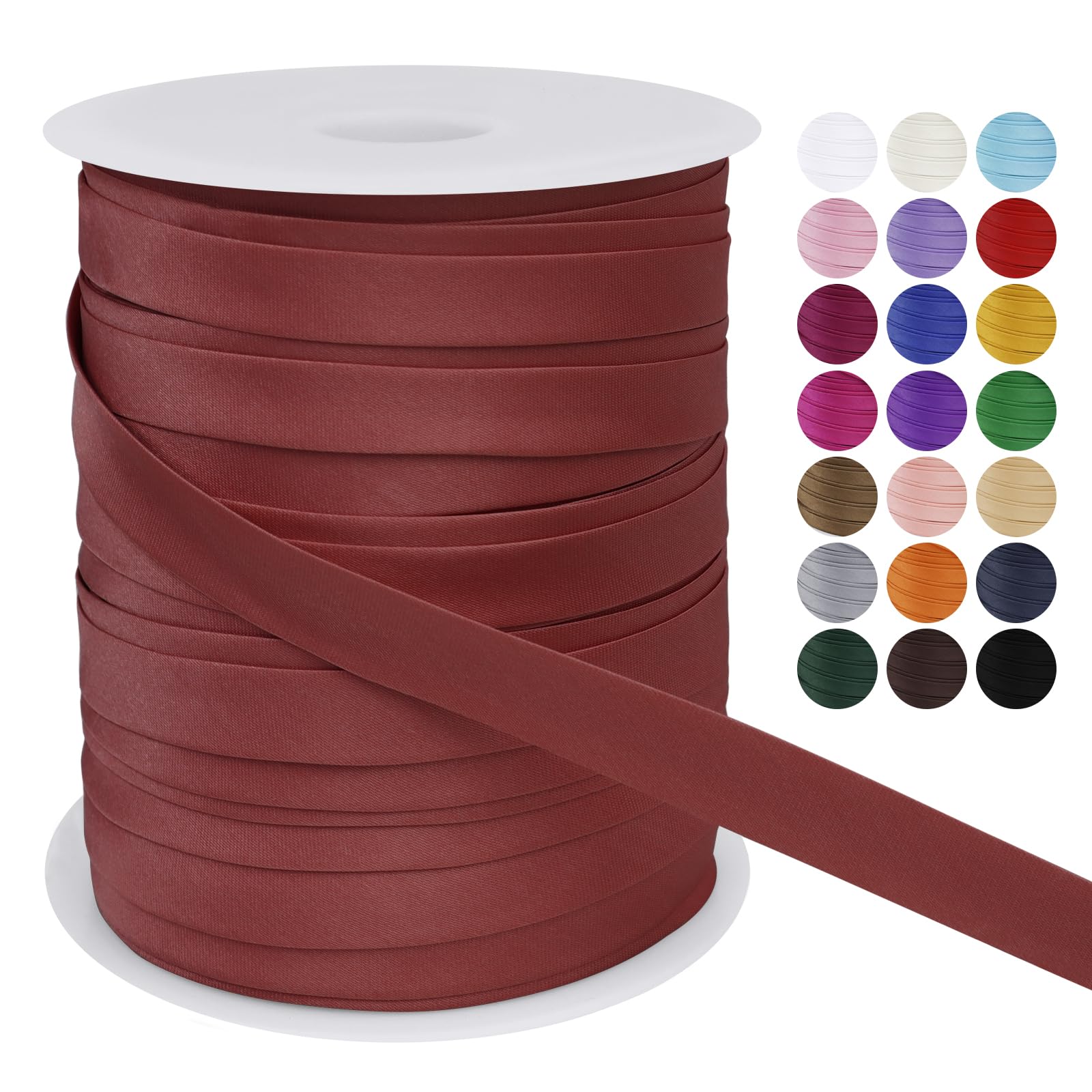LEREATI Satin Bias Binding Tape for Sewing 3/5 Inch x 50m Sewing Bias Tape Double Fold, Upholstery Webbing Tape for Sewing, Bunting, Seaming, Quilting, Hemming (Red Brown)
