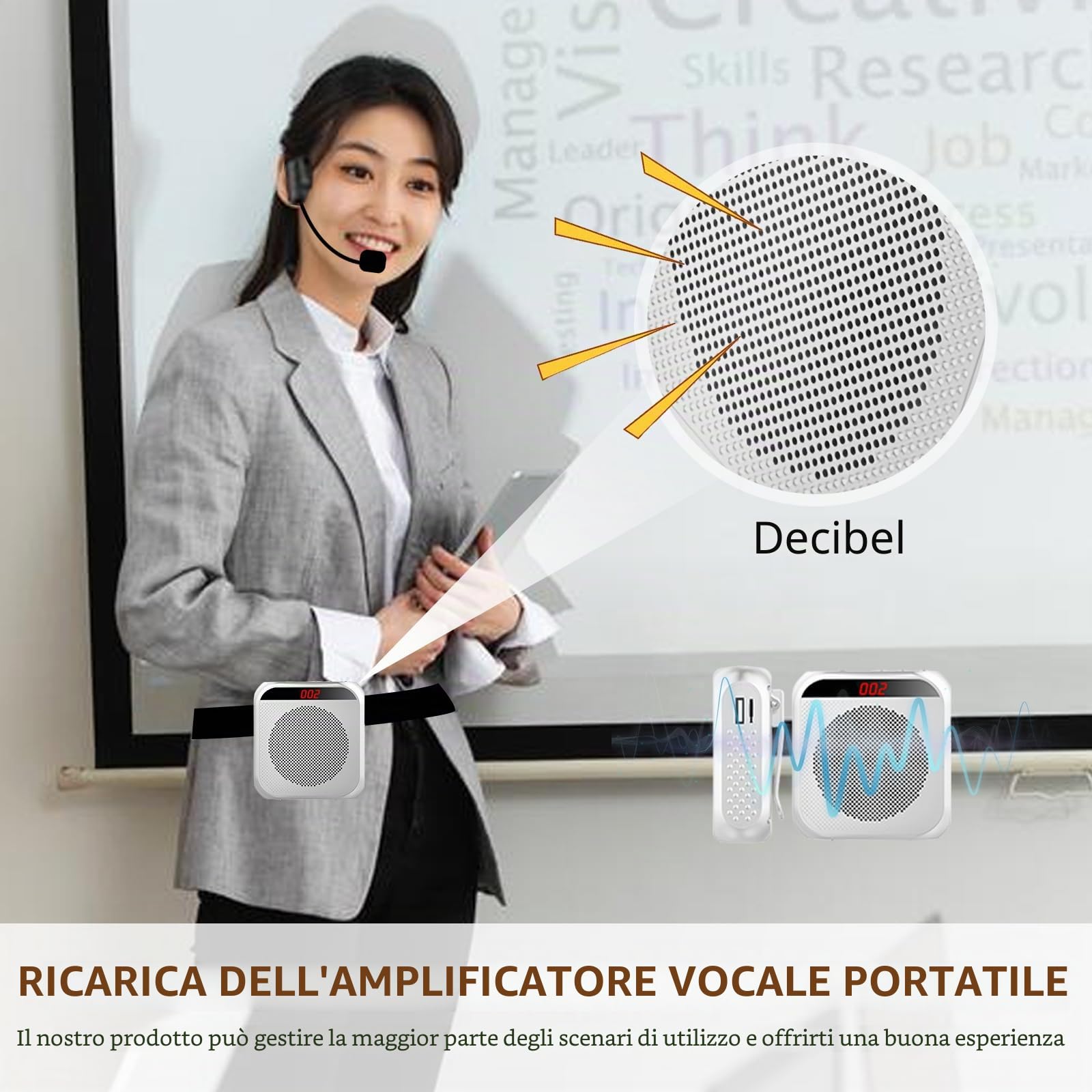 Amplificatore vocale portatile, altoparlante ricaricabile con microfono auricolare, cintura, batteria 2200 mAh, mini amplificatore senza fili per allenatori, insegnanti e guide turistiche