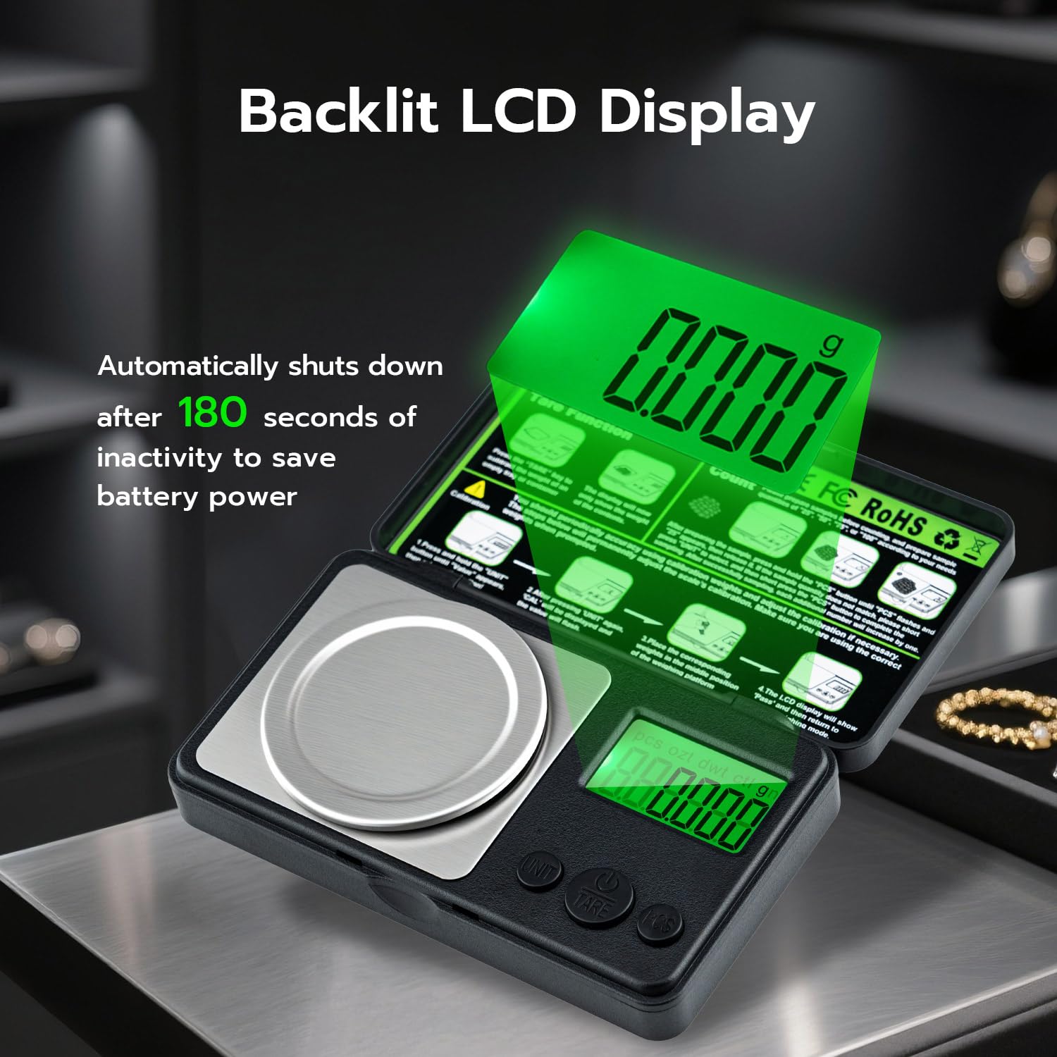 Báscula digital de miligramo de 1.76 oz x 0.00 oz, mini báscula de precisión con función de peso de tara, peso de calibración y pantalla LCD retroiluminada, microbáscula de bolsillo para 4
