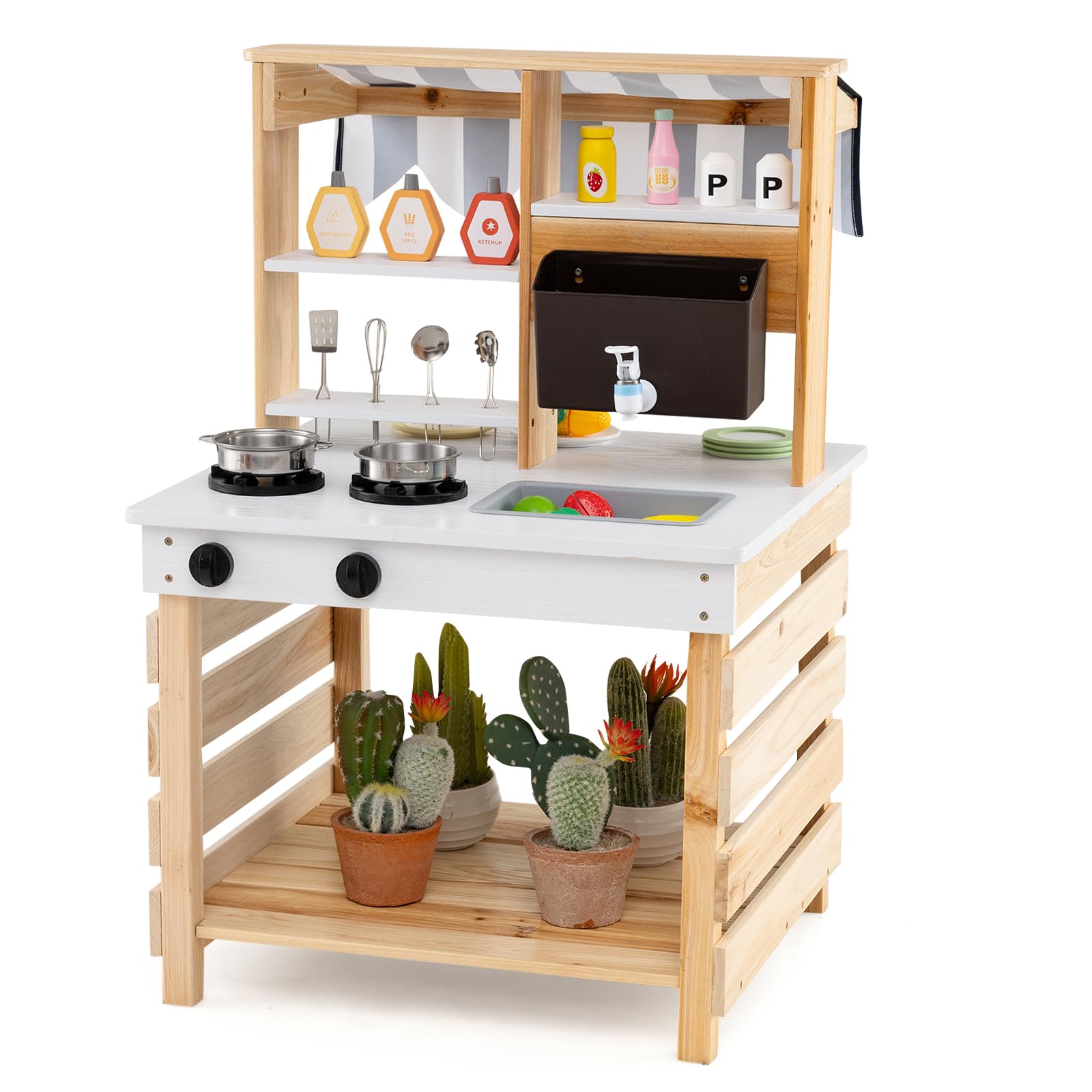 HOMASIS 2 en 1 Cuisine en Bois Double Face pour Enfants, Jouet d'Imitation pour Enfant avec Auvent, Evier Amovible, Réservoir d’Eau et Robinet, Ensemble de Cuisine d'Extérieur de Sapin, Naturel