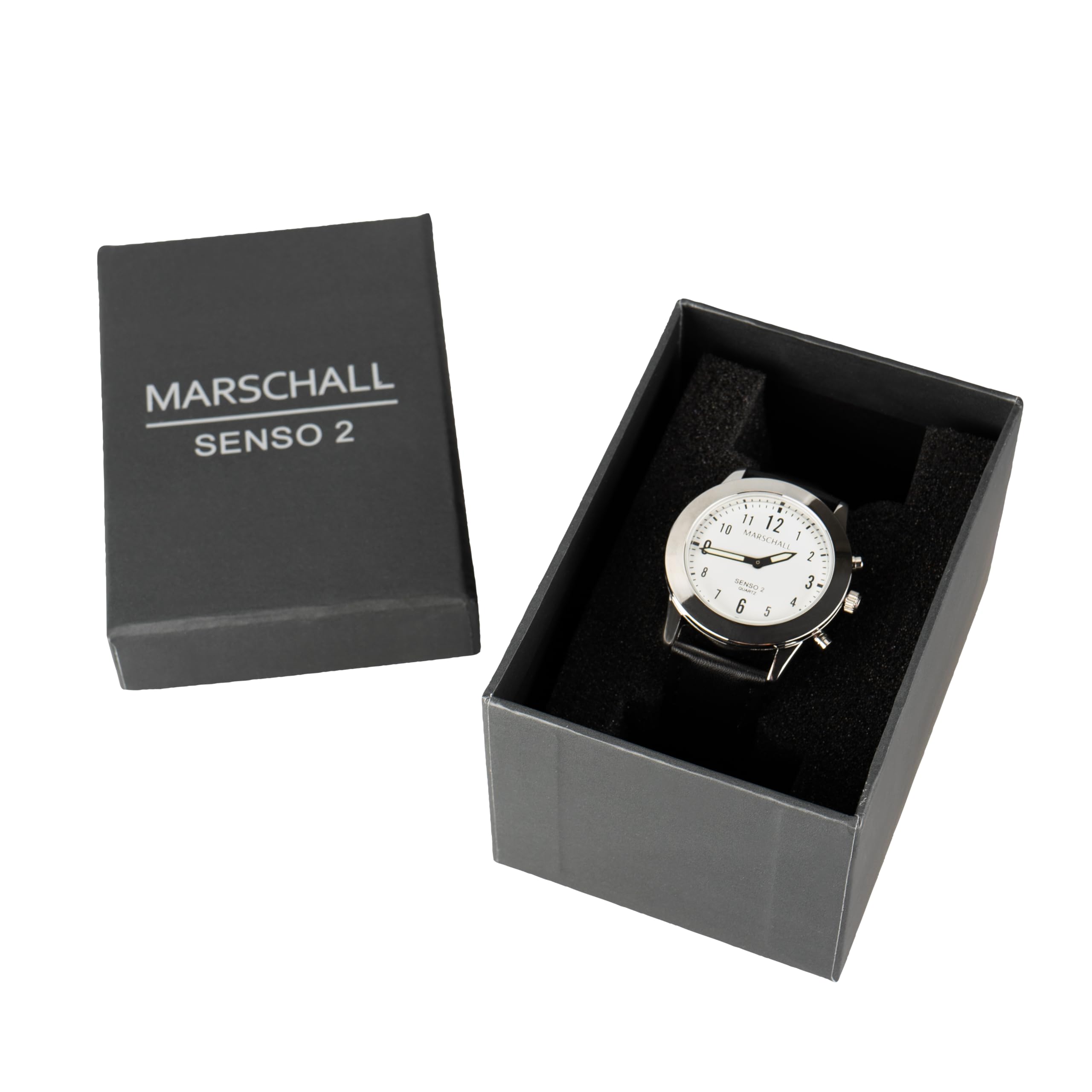 Marschall Senso Deutsch sprechende Damen Armbanduhr I S-DL 2 I Mit Touch Funktion I Für Blinde, Senioren und Demenzkranke I Datum- und Zeitansage I Schwarzes Lederarmband