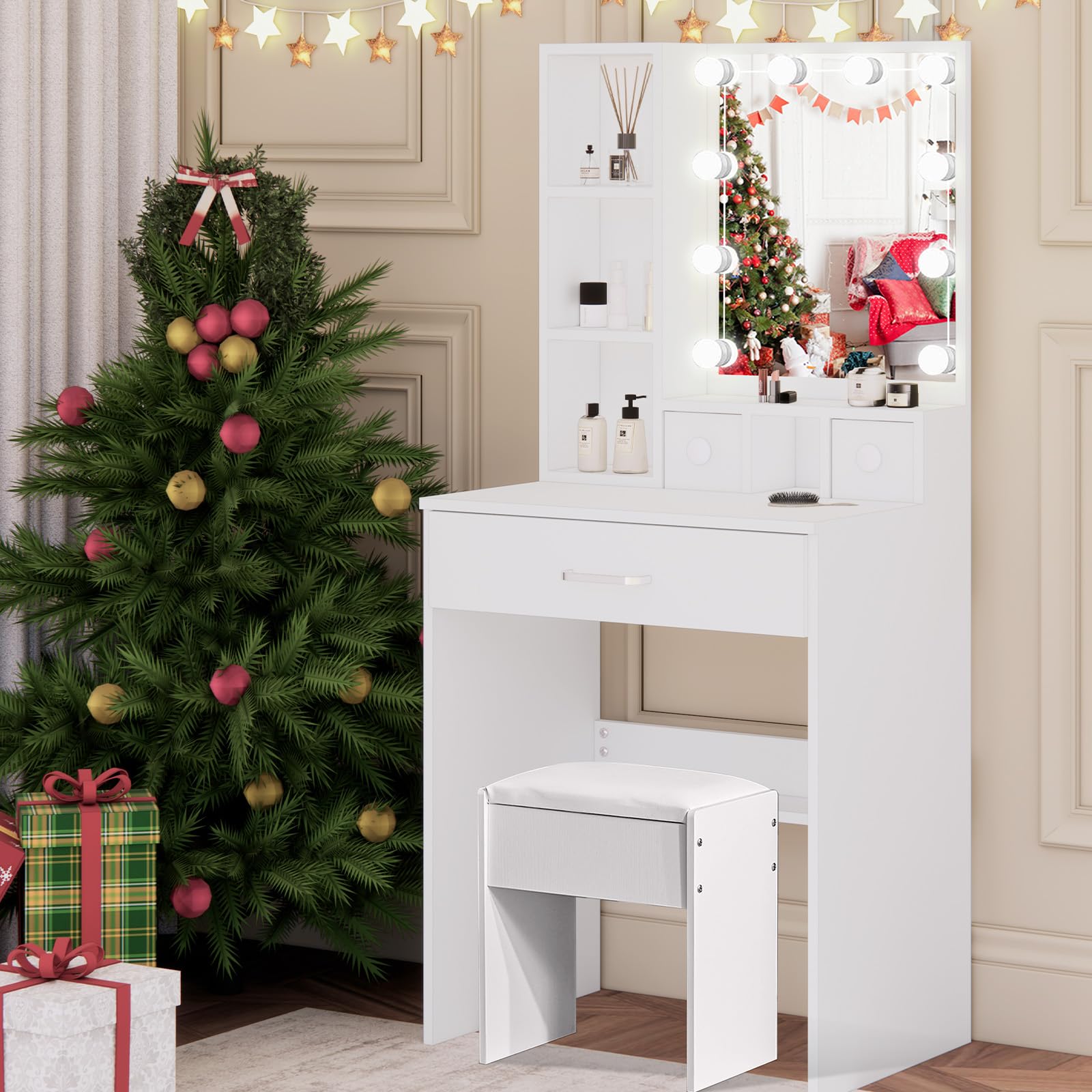 Tocadores de Maquillaje Niñas con Luz LED - Espejo 10 Bombillas Ajustables, Tocador Rosa Compacto 60 cm, Incluye Taburete