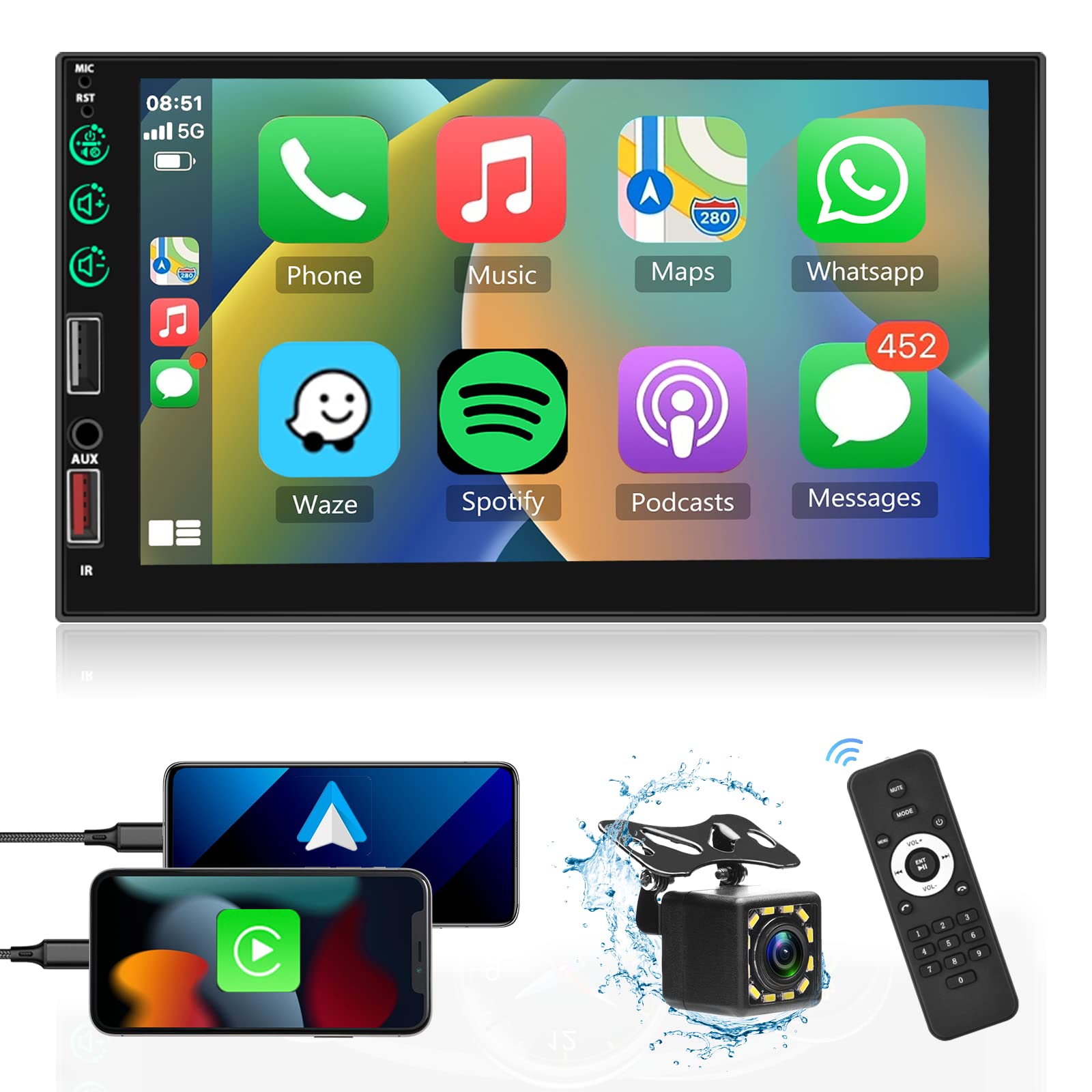 Podofo Double Din Car Stereo with Carplay & Android Auto