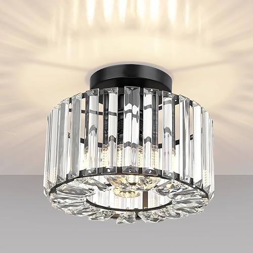 Frideko Home Semi Flush Mount Ceiling Light - Crystal Mini Chandelier for Hallway, Kitchen, Bedroom, Bathroom, Entryway, Dining Room, Porch - Black