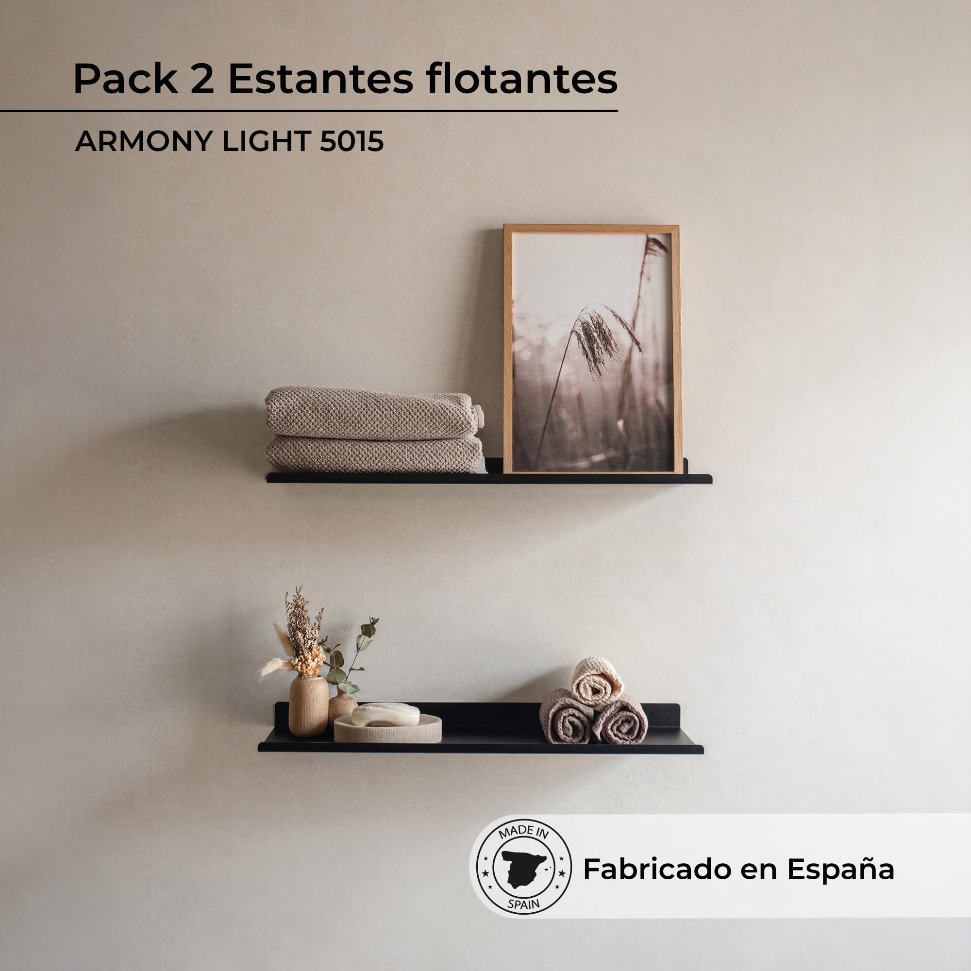 MILUKA Estanteria Pared con 2 Baldas Flotantes 50 x 15 cm, Metal Negro Mate | Repisas de pared para libros, organizar y decorar salon, Lejas para habitación, Estanteria para cocina, baño, y oficina