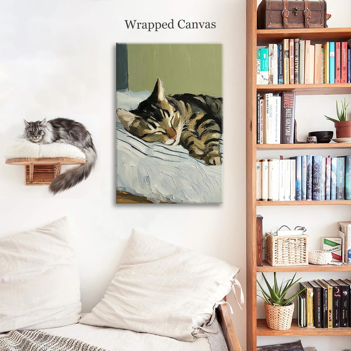 Sleeping Tabby Cat Canvas Wall Art, Cat In Bed Painting Poster, Cute Animal Dark Green Picture for Kids Baby Room, Peaceful Muted Animal Wall Decor for Bedroom Dorm 12x16in Wrapped Canvas