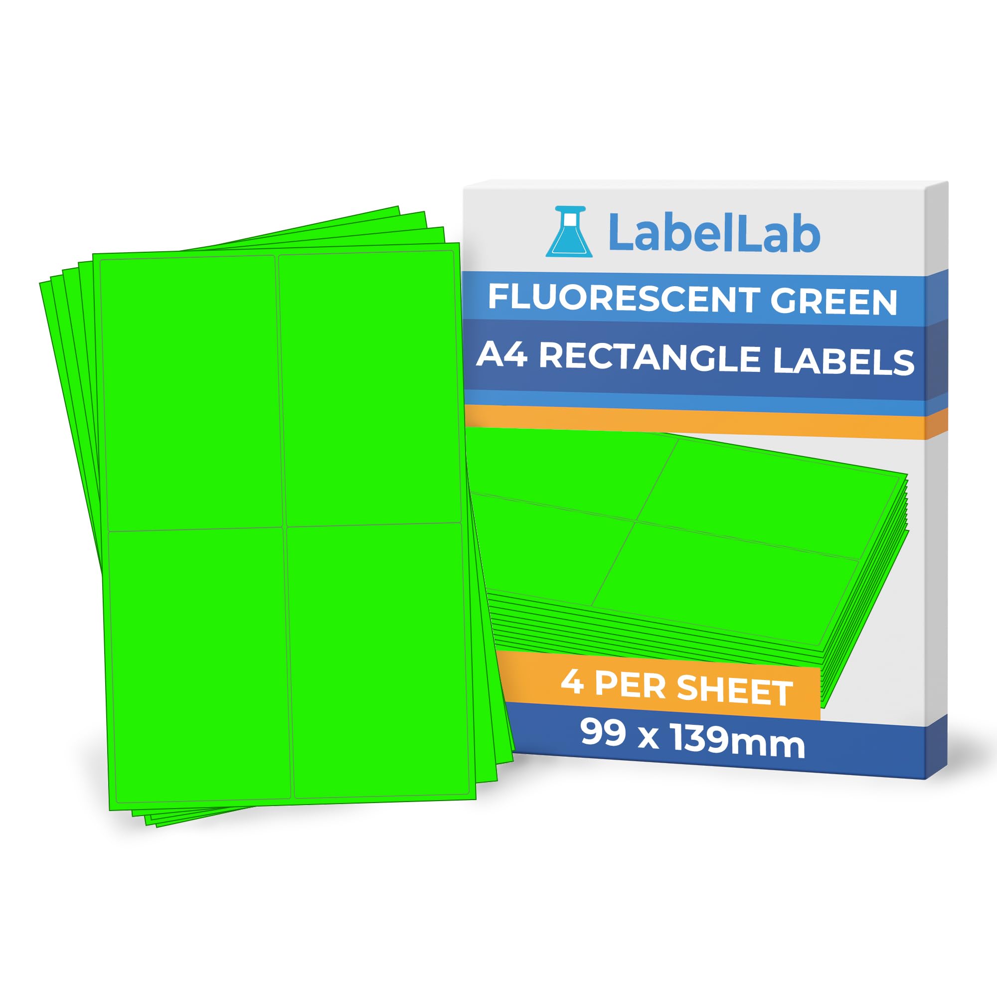 Fluorescent Green A4 Rectangle Labels – Bright Coloured Printable Sheet Labels for Inkjet & Laser Printers, Permanent Adhesive – 4 Per Sheet (99 × 139 mm), 25 Sheets – LabelLab