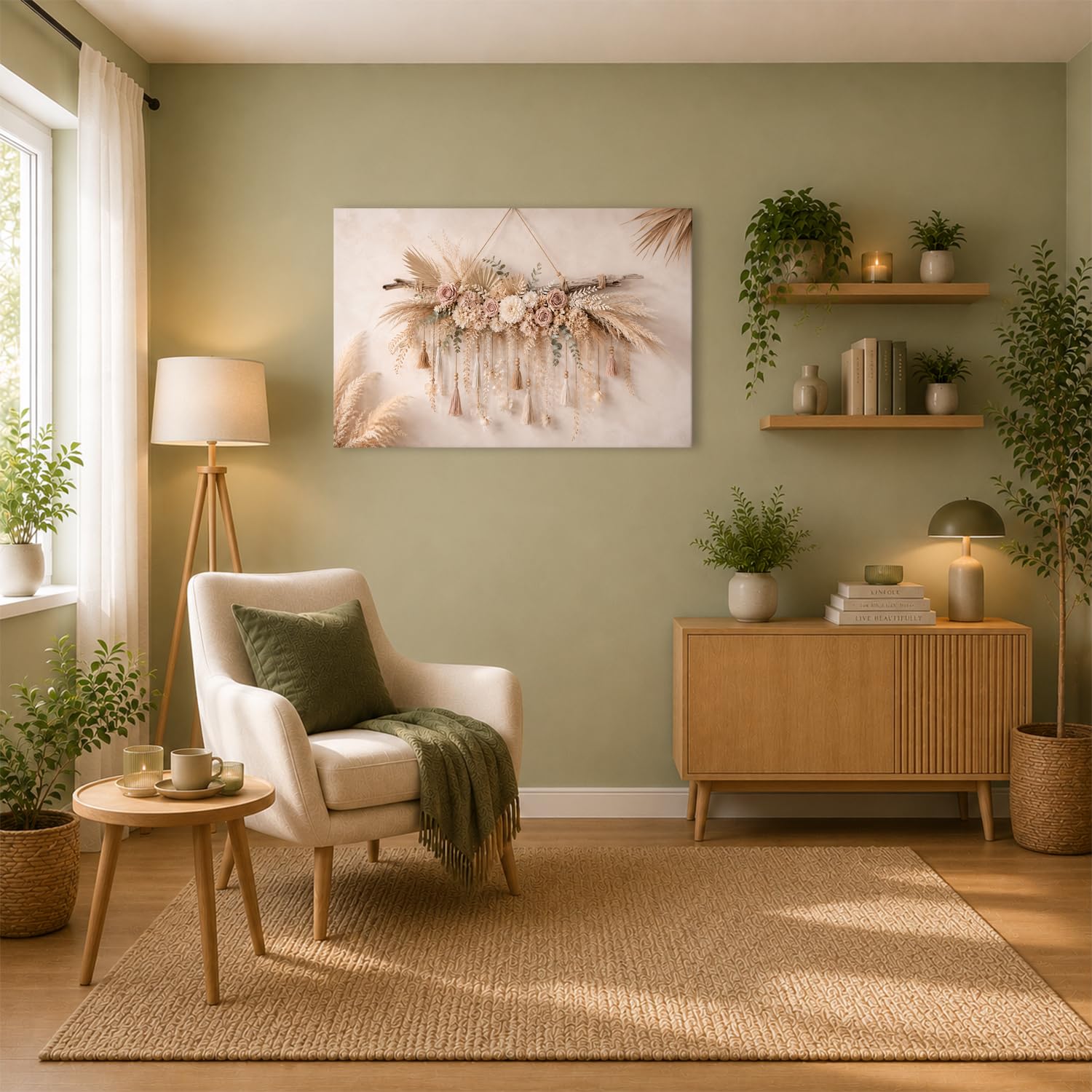 Leinwandbild Trockenblumen und Quasten an Holzstamm 70x50cm Farbig