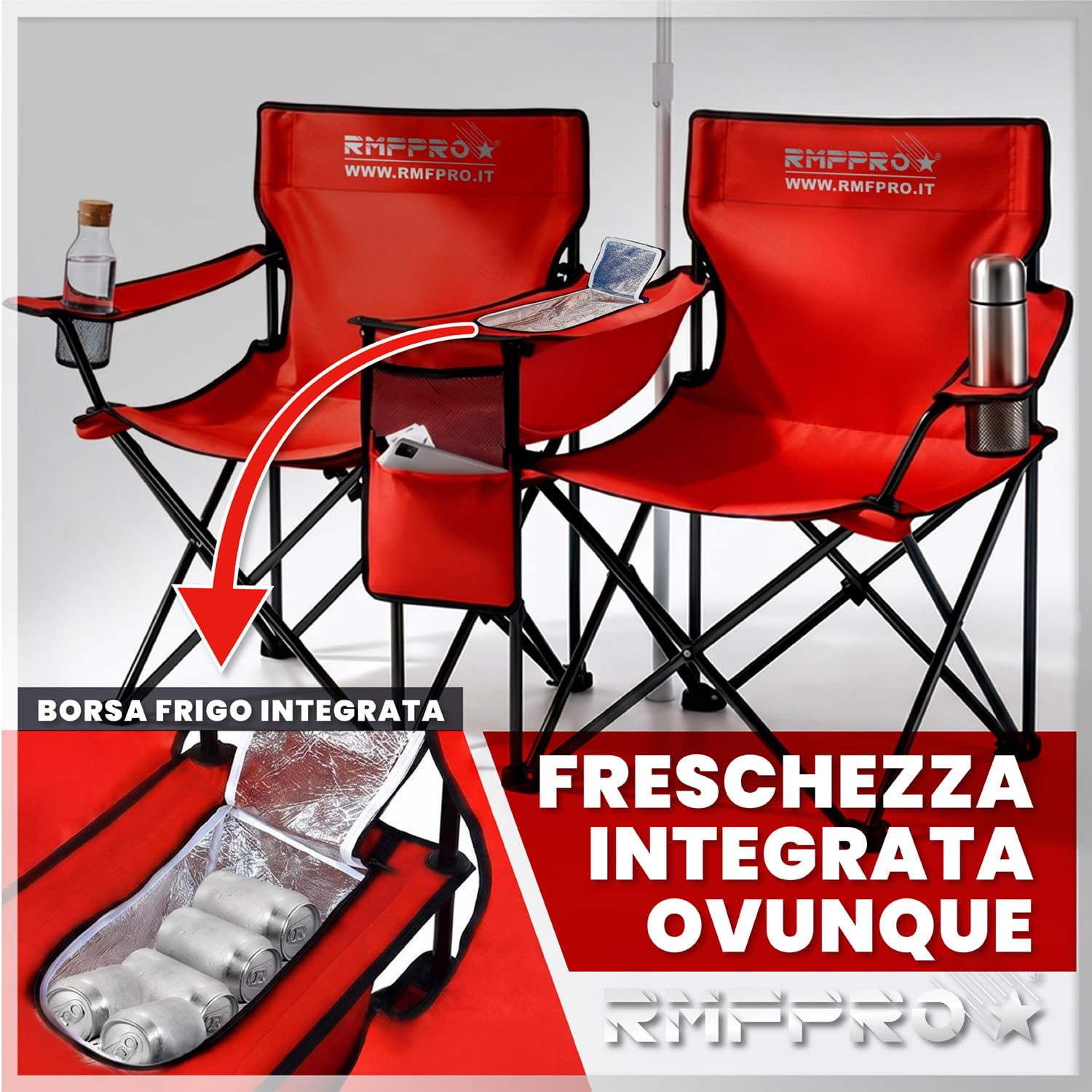 Set con Ombrellone e 2 Sedie da Esterno ideale per Mare o Campeggio, con Borsa Termica Centrale e Portabevende - Ideale anche per Pesca, Struttura in Acciaio con Custodia per Trasporto (Rosso)