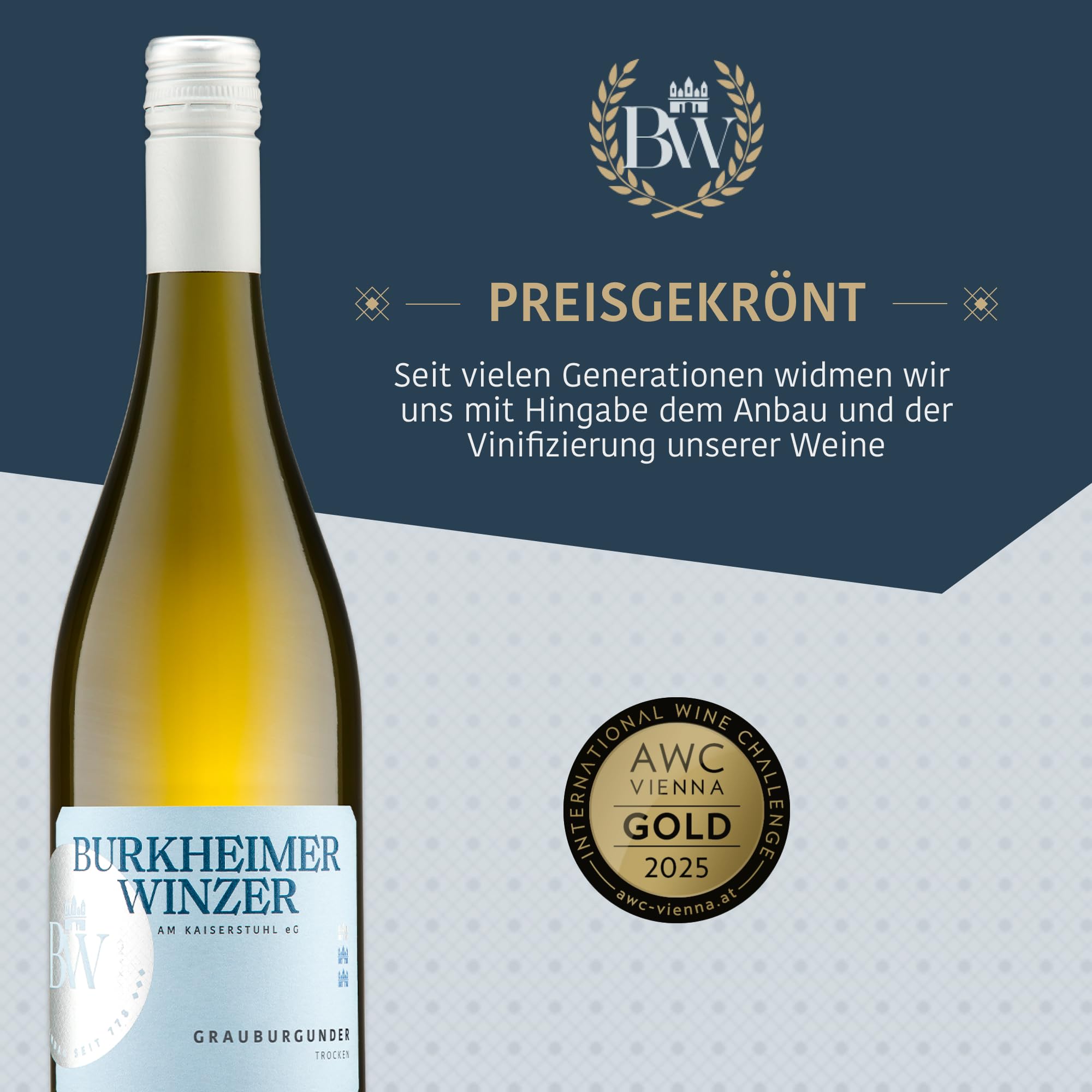 Burkheimer Grauburgunder trocken – Qualitätswein facettenreich & elegant mit Aromen von Birne, Mirabelle & Zitrus - Lebensfreude Kollektion - Weißwein vom Kaiserstuhl (6 x 0,75l)