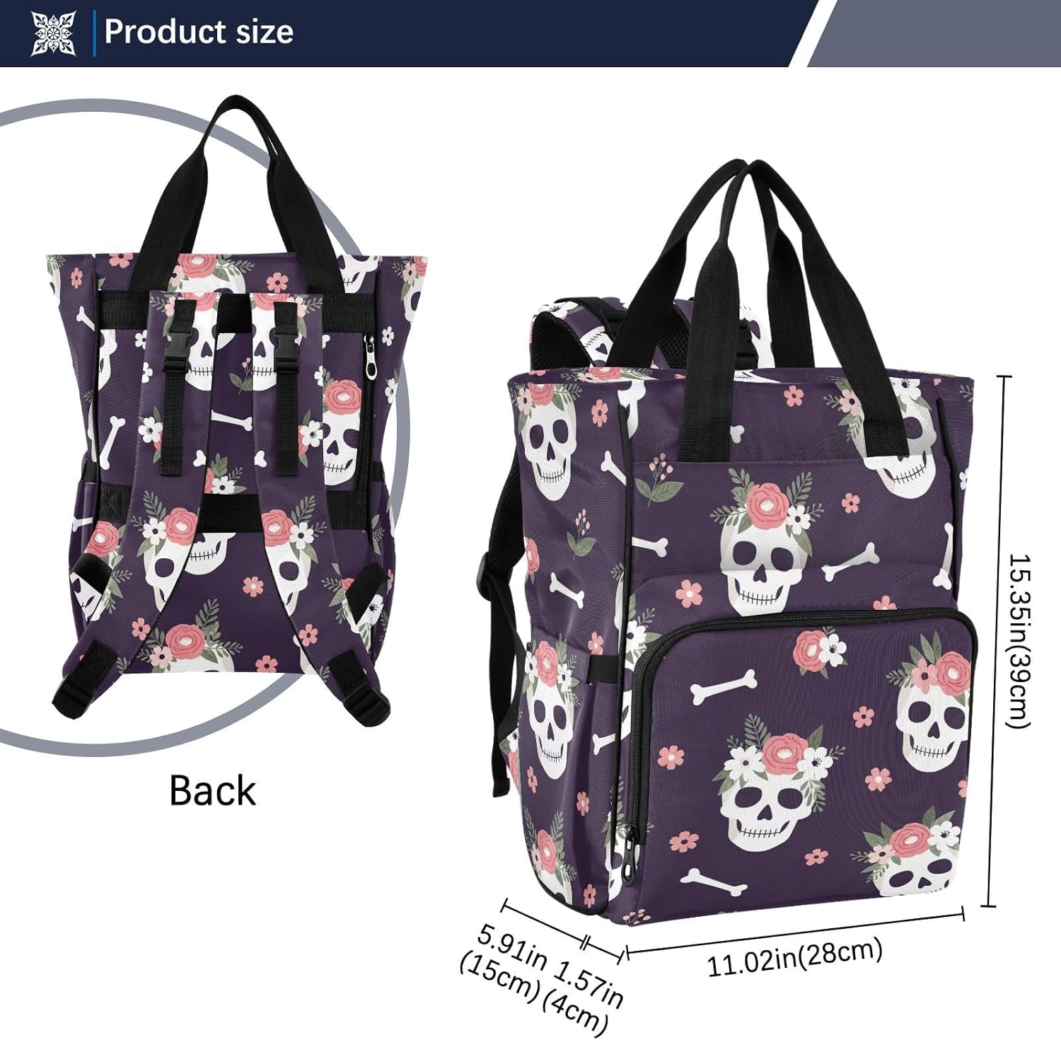 Dead Skulls Flowers Black Pattern Diaper Bag Backpack for Baby Boys Girls Multifunction Baby Essentials Travel Tote with Stroller Straps & Bottle Storage Large Travel Diaper Backpack for Baby
