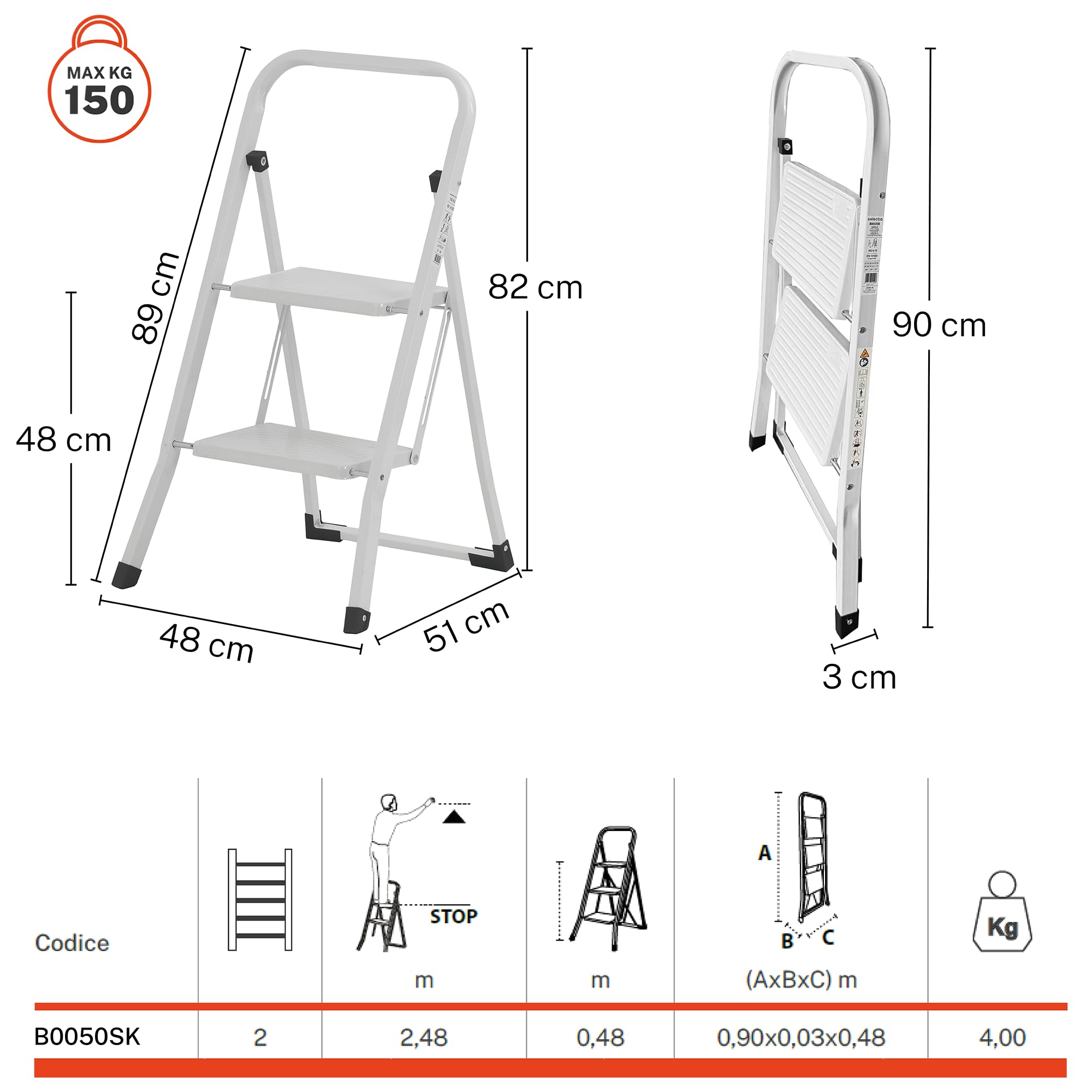 GIERRE Selecta Scaletta 2 Gradini in Acciaio 90H x 48 cm Scaletta Pieghevole Salvaspazio Ampia Superficie d'Appoggio del Gradino 20 x 30 cm Piedini Antiscivolo in Plastica
