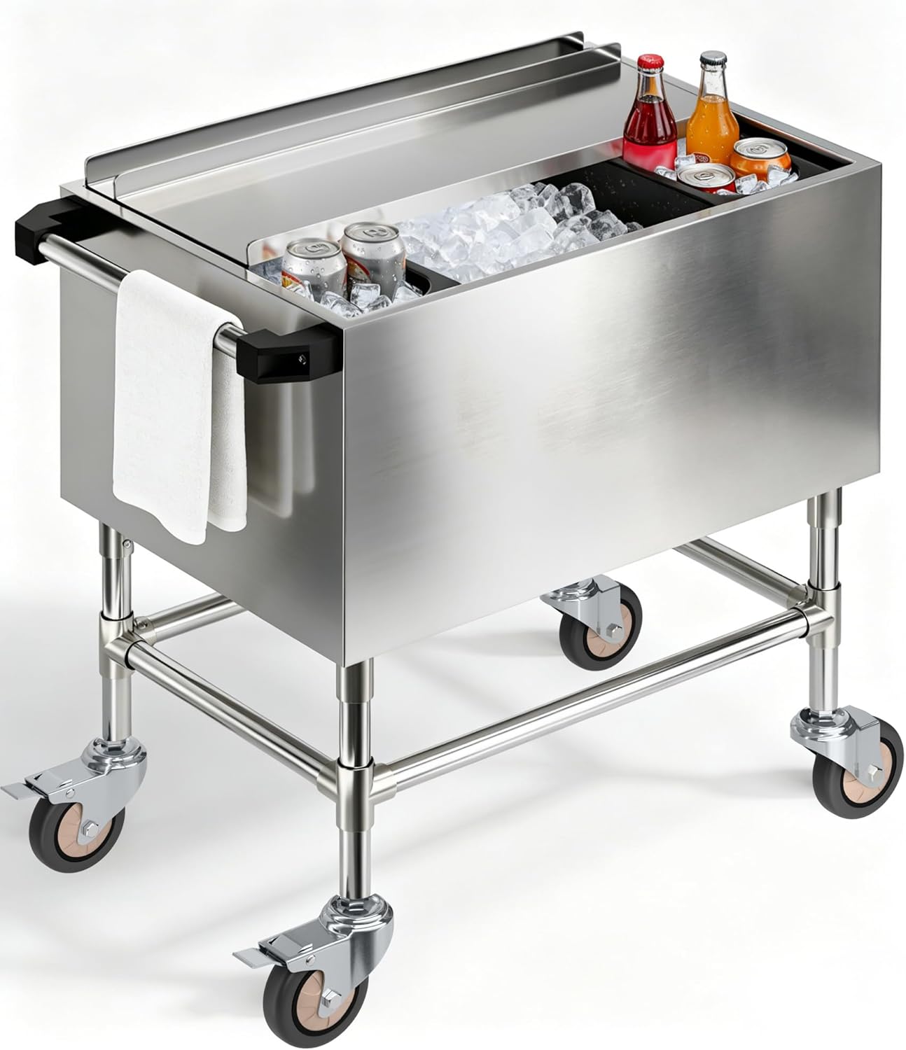 Stainless Steel Insulated Ice Bin Cart with Wheels, Portable Mobile Outdoor Cooler Cart with Sliding Lid, Removable Handle & Drain Pipe, Large Capacity Ice Storage Bin for Parties,Patio&Outdoor Events