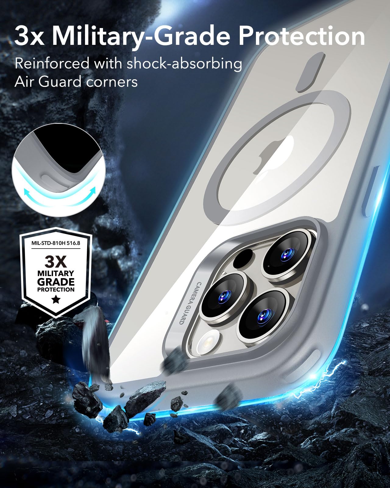 ESR Cover Magnetica per iPhone 16 Pro, Compatibile con MagSafe, Protezione antiurto di livello militare, Custodia magnetica, Serie Classic (HaloLock), Grigio Trasparente