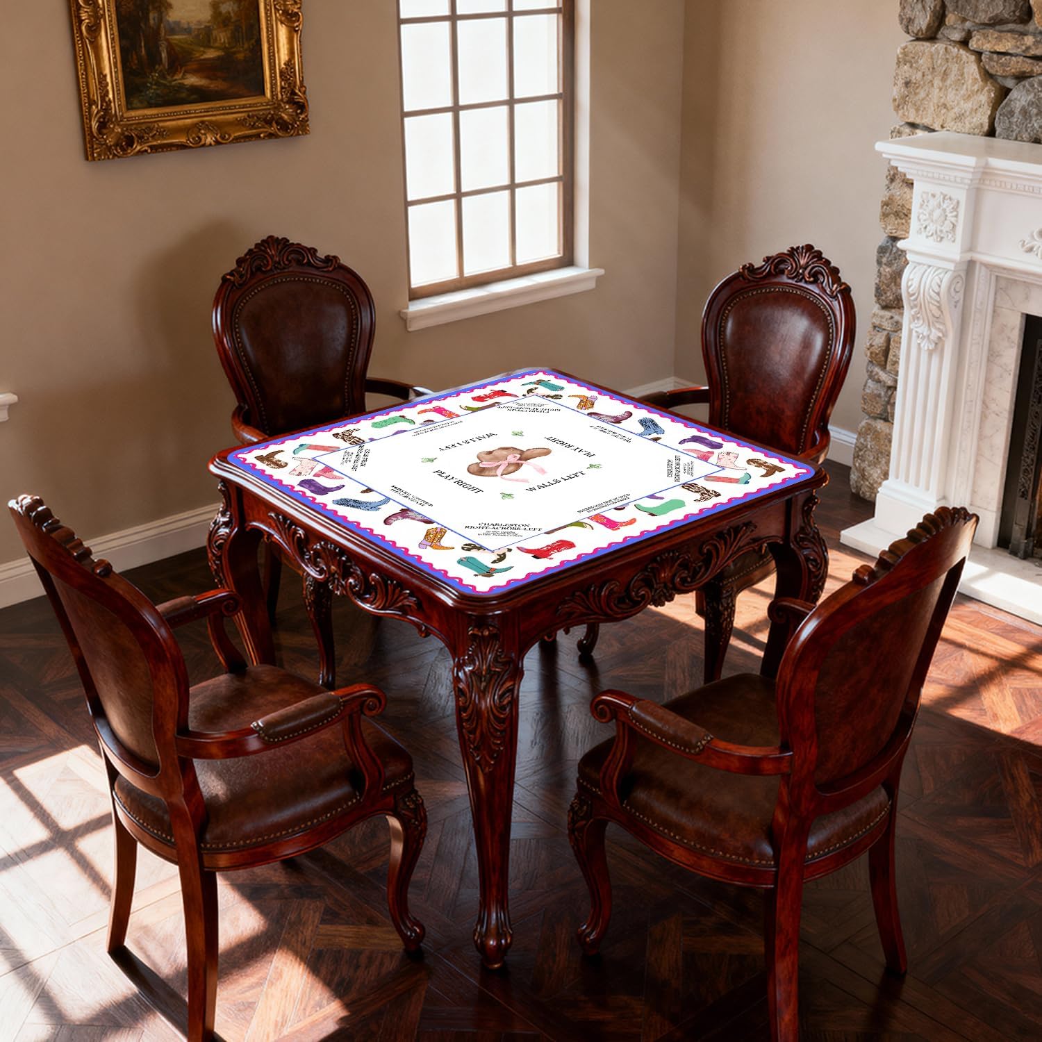 Western Cowboy Mahjong Mat for Table 31.5 x 31.5 in, Pink Bow Cowgirl Hat Boots Non-Slip Noise Reduction Mahjong Table Cover Tablecloth for Card Poker Dominoes Dice and Board Games