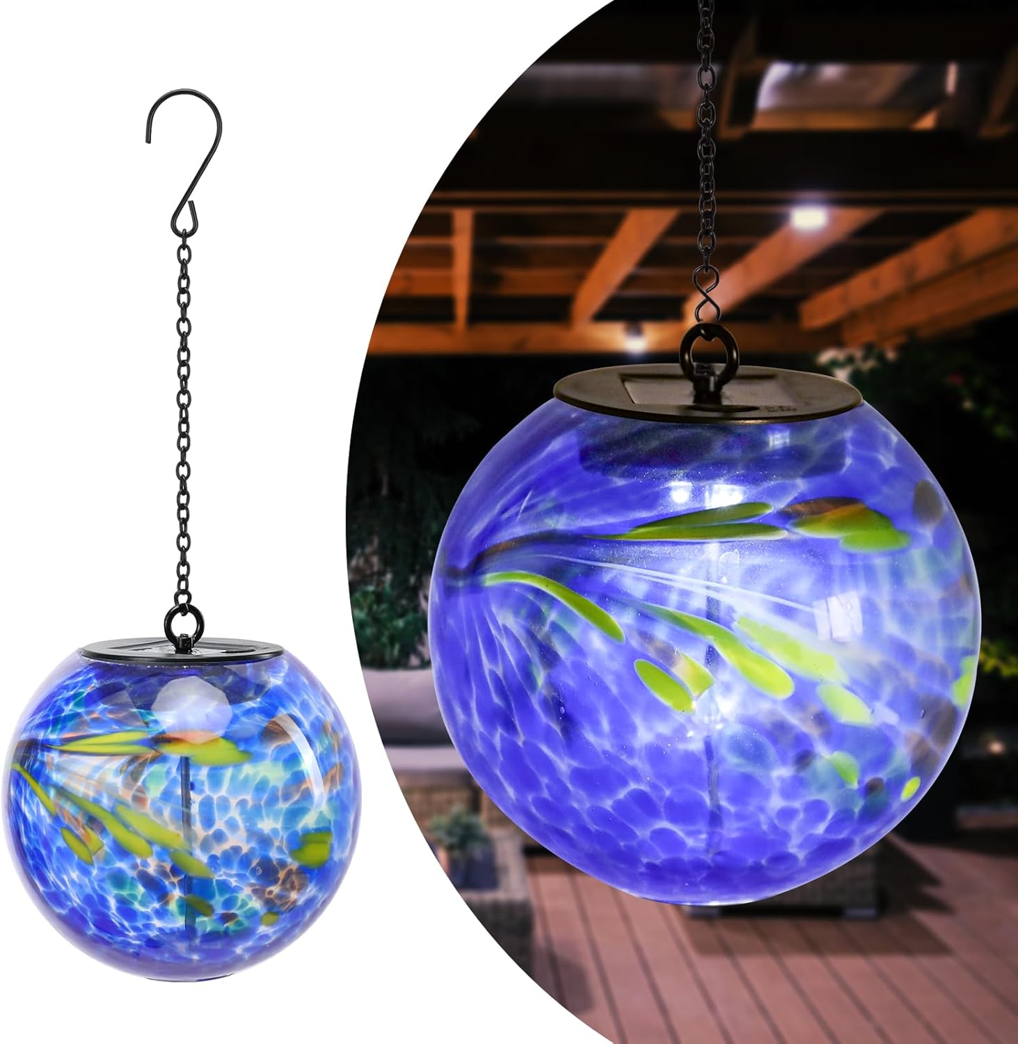 Solar Hanging Lanterns Outdoor Solar Glaze Glass Lantern Gazing Ball Globe Hanging Outdoor Lights for Garden Yard Home Decoration Blue