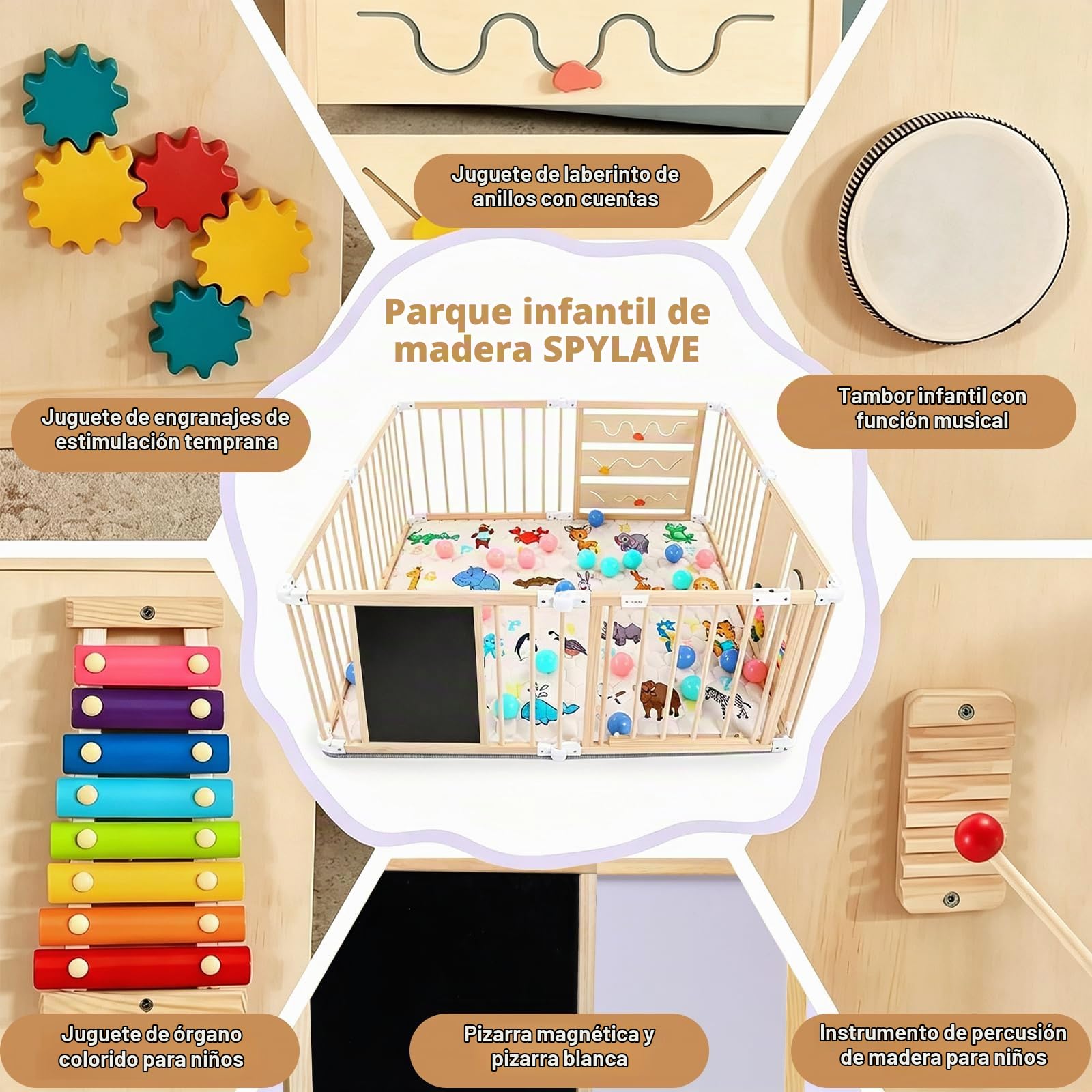 Parque Infantil Bebe Plegable con Alfombra, Ajustable Forma&Tamaño Corralito Bebe de Madera, Grande&Seguridad Centro de Actividades Ampliable con Pizarra, Montessori Tablero de Juego, Natur