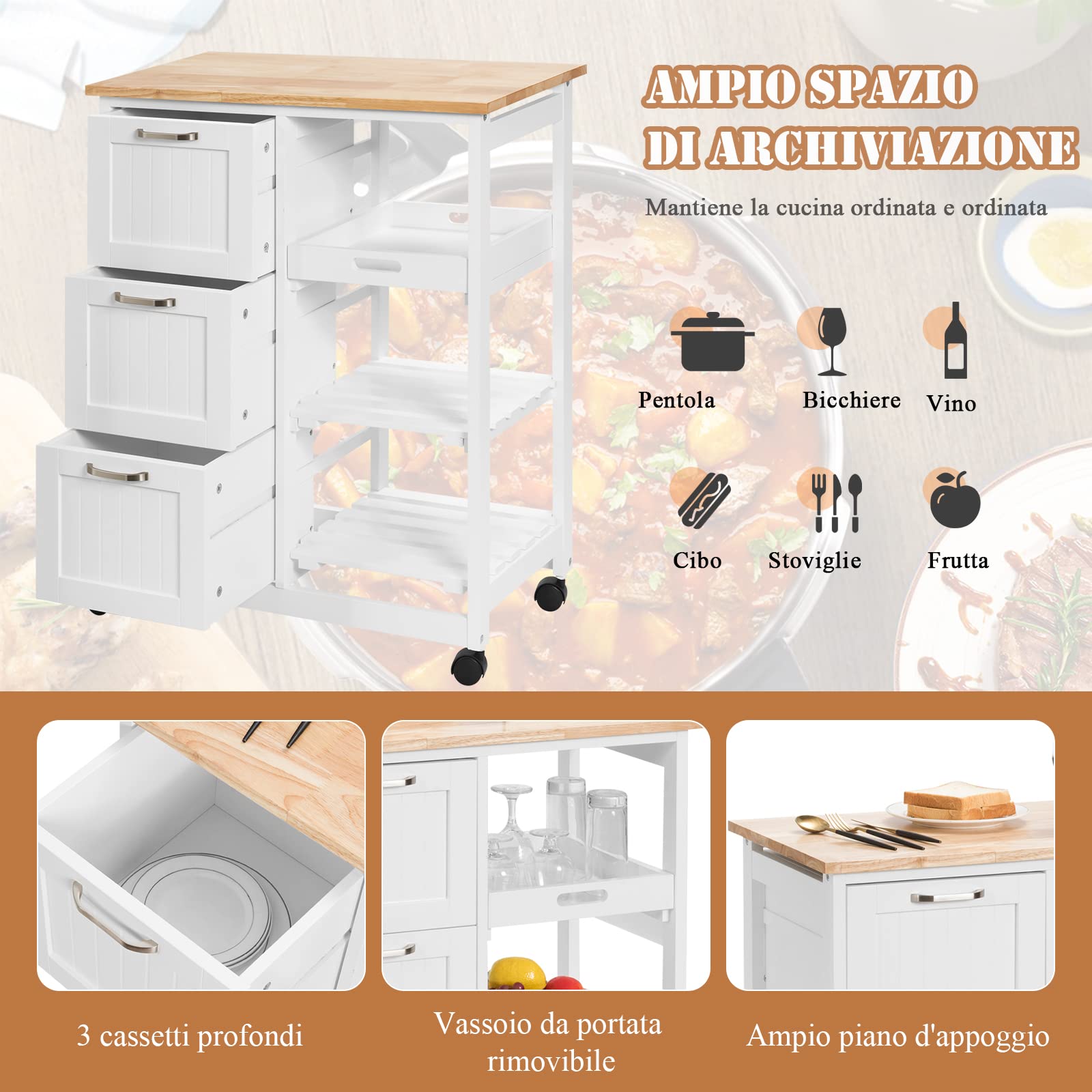RELAX4LIFE Carrello da Cucina con Ruote Girevoli, Credenza Portaoggetti in Legno Robusto con 3 Cassetti e 3 Ripiani, Carrello di Servizio Pratico e Salvaspazio per Sala da Pranzo (Bianco)