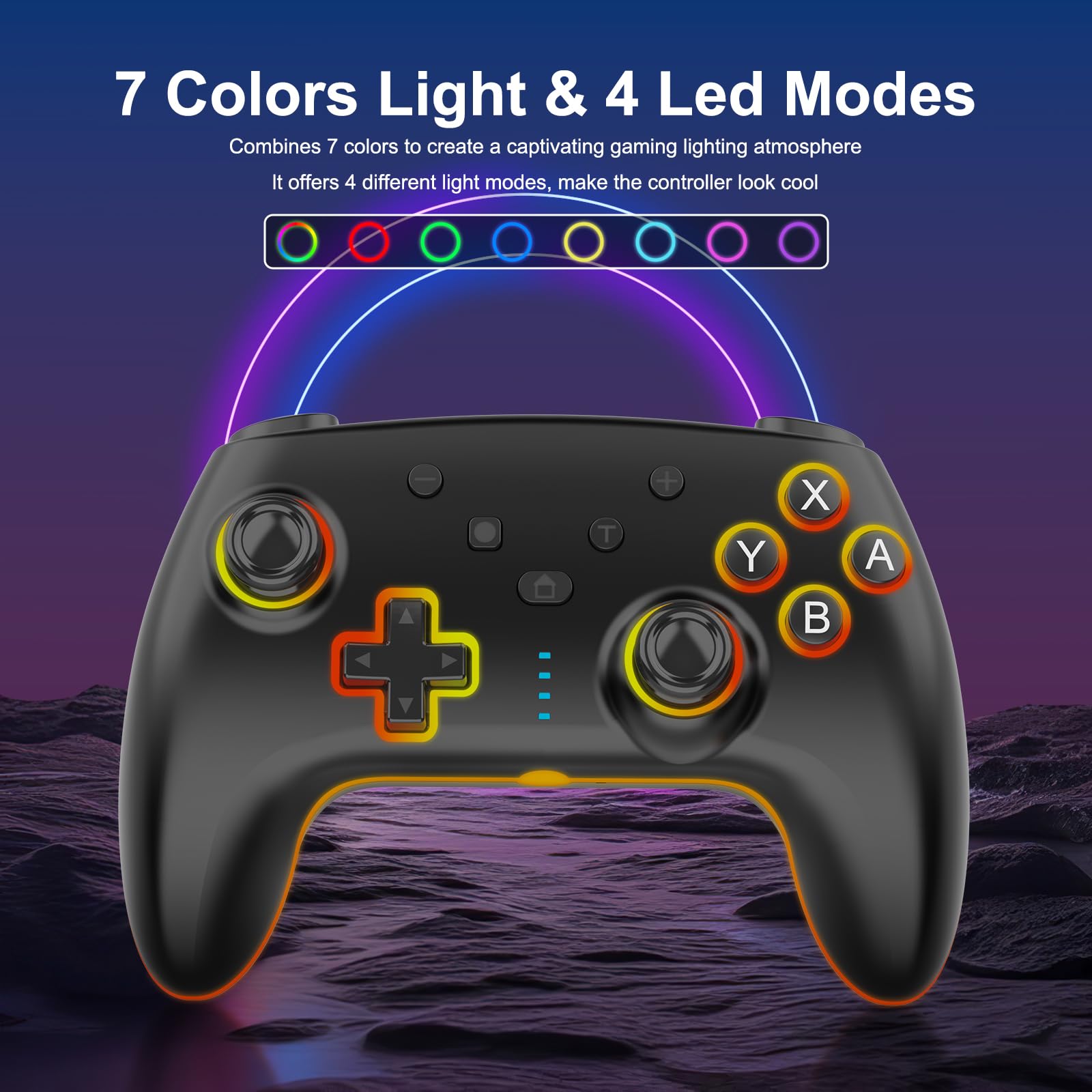 Controller Wireless per Switch/Switch 2/Lite/OLED/PC, Controllore Switch Pro con illuminazione RGB 7 Colori Cangianti/Grilletto Effect Hall/Doppia Vibrazione/Turbo, Joystick Ergonomico Preciso