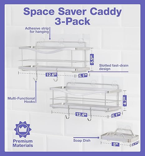 Miniatura 3 de KINCMAX Organizador de ducha y soporte para jabón, acero inoxidable SUS304 a prueba de óxido, montaje en pared adhesivo, cestas dobles, paquete de 3