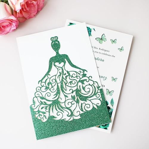 Miniatura 9 de KUCHYNEE Kit de invitaciones de quinceañera de 5.12 x 7.28 pulgadas, 20 unidades de color azul real, con purpurina, corte láser, bolsillo hueco de