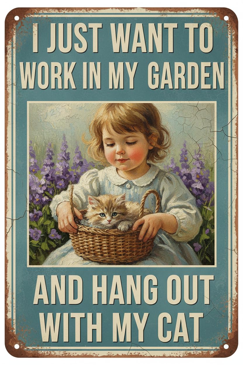 Garden Sign I Just Want To Work In My Garden and Hang Out With My Cat Vintage Metal Tin Sign Retro for Home Patio Backyard 8x12inch