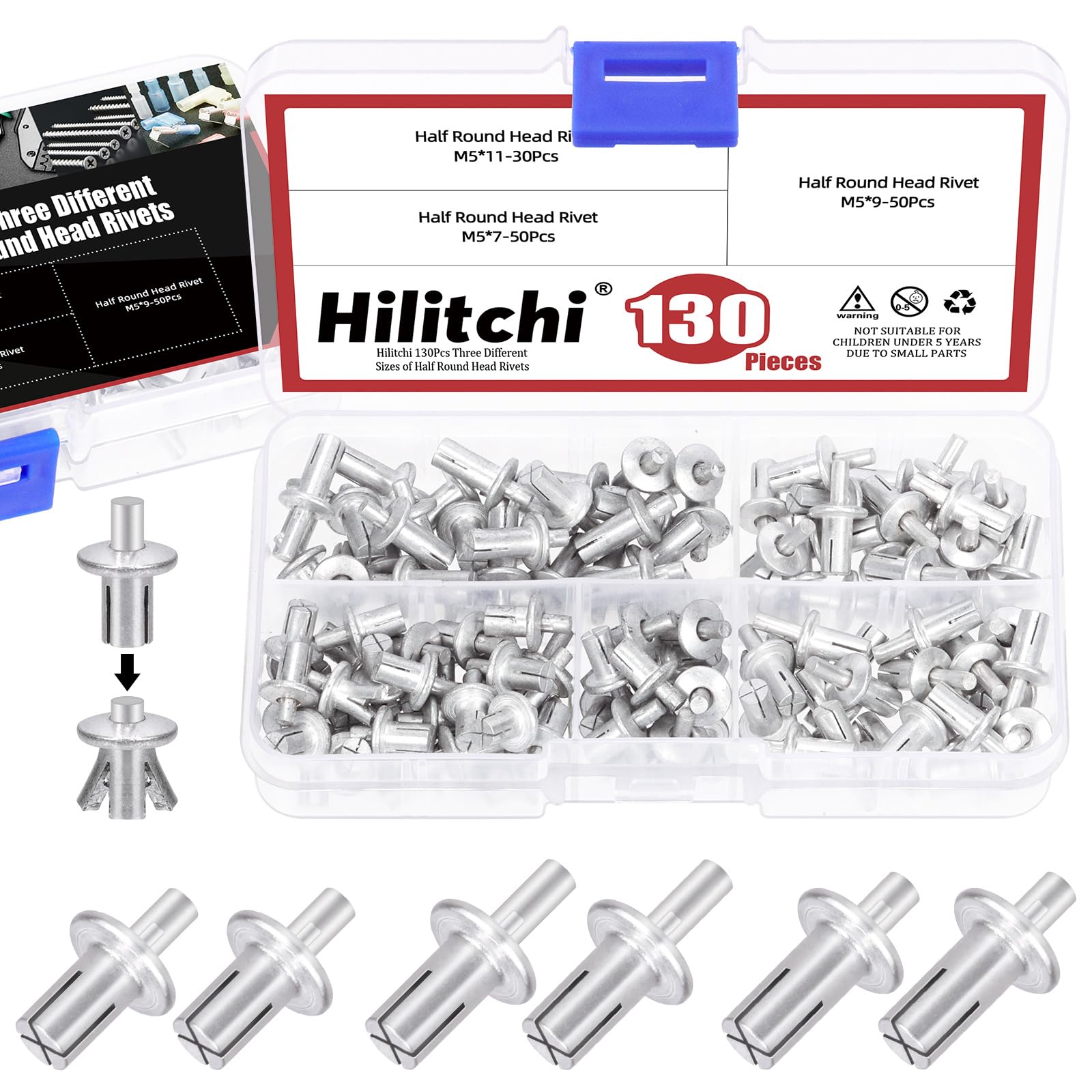 Hilitchi 130Pcs M5 x 7mm 9mm 11mm Aluminum Core Rivets with Semi Round Head, Hammer Drive Rivets Knock Type Aluminum Rivets Semi Round Head Expansion Aluminum Rivets for Households Mechanical Devices